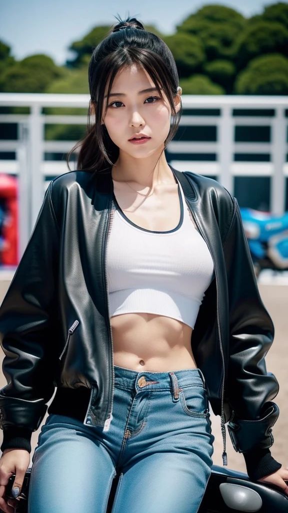 Best Quality, Ultra High Resolution, (Realism: 1.4), Depth of Field, Beautiful Face, (PureErosFace_V1: 0.8), 1girl, ((crop top)), ((hair tied)) ((jacket))