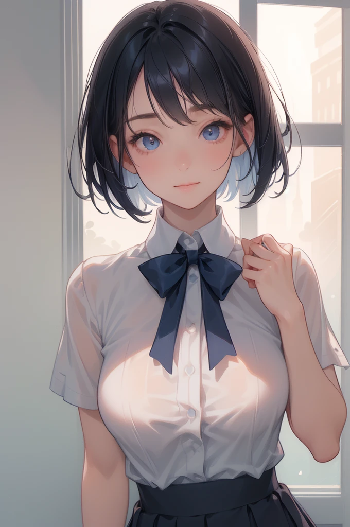 ((Beautiful breasts:1.3、Slender body、High school girl))、(((Short sleeve white shirt、Navy blue ribbon、 Dark Blue Short Pleated Skirt、Beautiful thighs)))、(( Black Hair Straight Medium Bob :1.3))、(( Perfect Body 、 anatomically accurate))、(( Innocent Smile ))、(Dazzling Sunshine 、 big window、 School Classroom)、(( Portrait:1.8))、((Close up:1.8))、masterpiece、 best quality、(Maximum resolution: 1.2)、(Ultra HDTV: 1.2)、 cinematic light 、Ultra HDTV、(Detailed eyes and skin)、( detailed facial features)、8k resolution、 sharp focus: 1.2