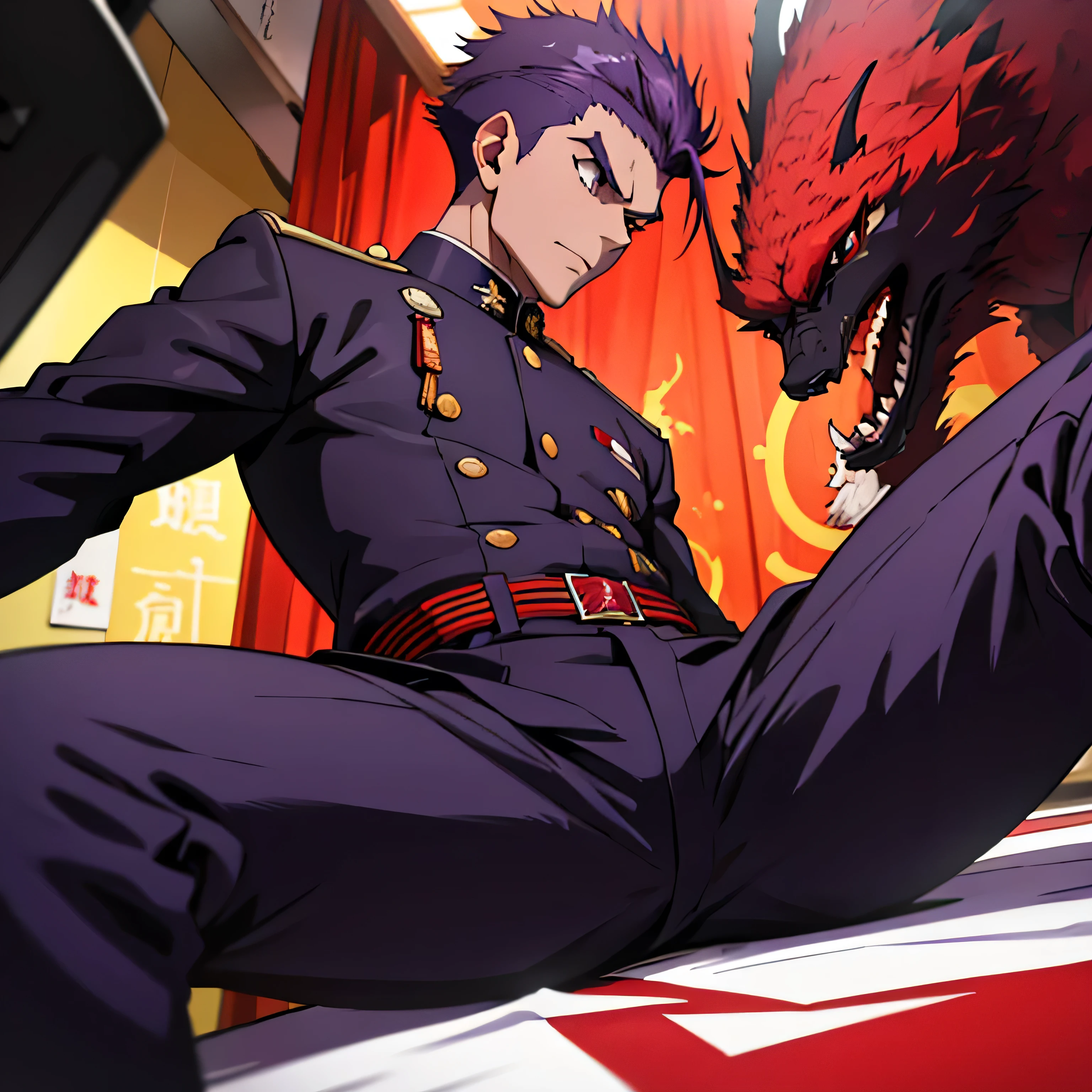 Age 25,, Purple military uniform、 black slim pants , black belt、 red hairの短髪、cool battle pose、Spread your legs wider,black belt,logic, Purple military uniform、Gay , red hair, short hair on the side of the uniform,Lightly set hair with thick eyebrow wax、 red hairの短髪。Purple military uniform、 black slim pants 、Masculine,salaryman,Mob characters,bad student、 red hairの短髪、Purple military uniform、 black slim pants 、View from below Menacing look face up Purple military uniform black slim pants 、 red hairの短髪