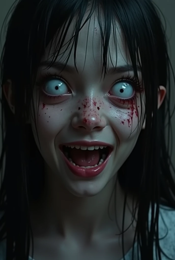 arafed woman with blood on her face and eyes in a city, horrifying grin. horror, creepy hd 4k, horror cgi 4 k, japanese horror, detailed 4k horror artwork, japanese horror movie footage, scary smile, unsettling grin, creepy evil smile, horror smile, horror image, digital horror artwork, creepy smile, scary picture, horrifying, hyper-realistic 8K fish-eye jumpscare photo of a 10-year-old ghostly mediumistic telekinetic psychic girl with Asian features, She has black hair styled in buns and is wearing a red qipao, The scene is eerie, with scary kids and ants around her large feet., The atmosphere is unsettling and spooky, designed to evoke fear, The image should be in a 16:9 aspect ratio.