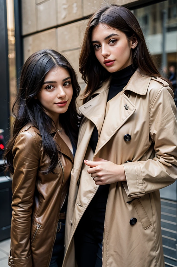 A young Armenian woman and a young Azeri woman, standing together, wearing classy outfits, both are attired with leather trench coats and leather backpacks, genuine smiles, posing for camera, warm friendship, detailed faces, beautiful eyes, detailed lips, photorealistic, high quality, masterpiece, 8k, ultra-detailed, realistic, vivid colors, natural lighting, street fashion, lifestyle, portrait