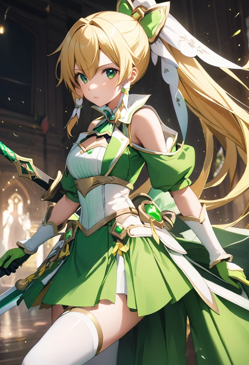  best quality、  Unity 8K Wallpaper、32K、masterpiece、 Very detailed、  ultra high resolution、 Very detailedな顔、 RAW photo、professional、Ultra-detailed paintings、Magical Fairy Swordsman Leafa、  long blonde hair 、White hair ribbon、Green Eyes、Green magical girl costume、 blonde ponytail 、White hair ribbon、 yellow ribbon with large emerald brooch 、Tight skirt with white slits with green lines 、Green and yellow long gloves、 green thigh-high stiletto heel boots with gold molding、