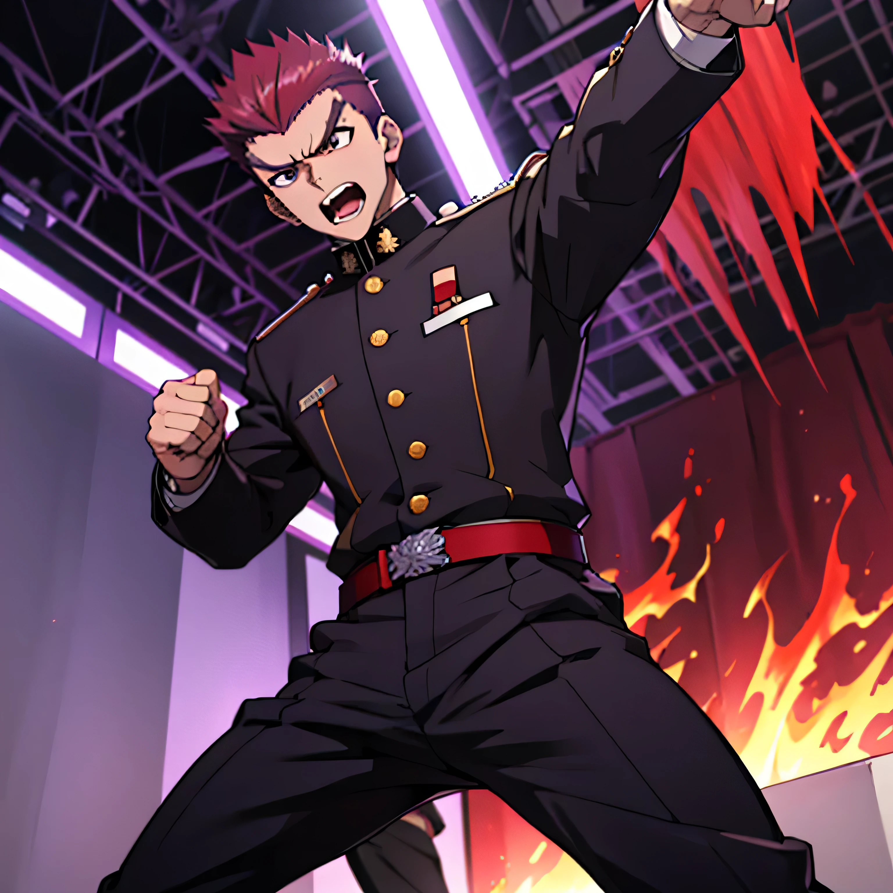 Age 25,, Purple military uniform、 black slim pants , black belt、 red hairの短髪、cool battle pose、Spread your legs wider,black belt,logic, Purple military uniform、Gay , red hair, short hair on the side of the uniform,Lightly set hair with thick eyebrow wax、 red hairの短髪。Purple military uniform、 black slim pants 、Masculine,salaryman,Mob characters,bad student、 red hairの短髪、Purple military uniform、 black slim pants 、View from below Open your mouth wide and scream painful face face up Purple military uniform black slim pants 、 red hairの短髪