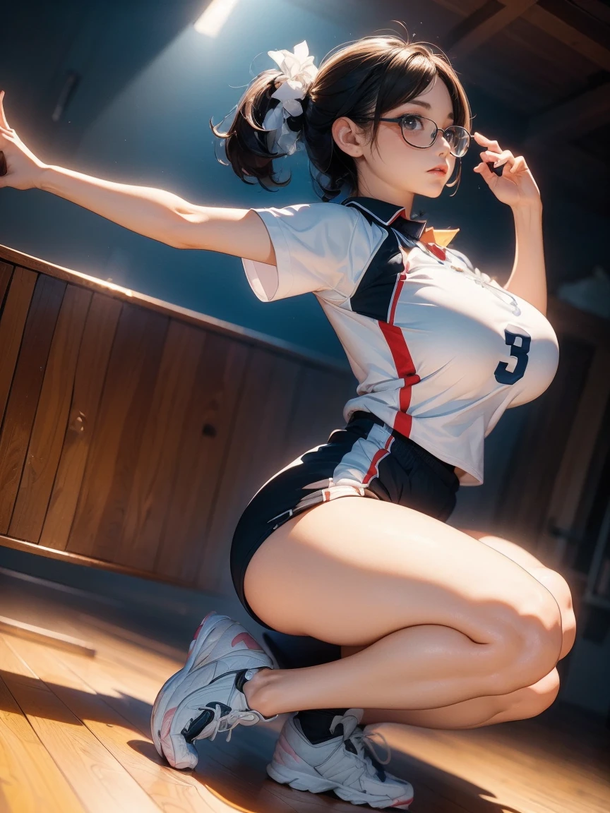  Age 32,1 female,(      She's wearing a white volleyball uniform    )(     She's wearing a fitted uniform   )(  You can see the shape of her butt through her uniform    ),((  Girl with glasses  ))( Squatting posture )( I Can See His Panties)(Obscene pose),(     plump breasts ),(Big Breasts)(     emphasizes the chest)(    plump body    )(Black short bob hair),(最High image quality, (8k), Ultra-realistic, 最    High Quality      ,      High Quality           ,   High image quality,     High Quality    の質感,Attention to detail in the background     ,      Beautiful Details ,     sex        ,       CG Details             ,               Detailed Texture        ,         Realistic facial expressions        , masterpiece, in front),(     You can see her back through her glasses     :1.1)(((     The backend settings are strictly followed     )))　(((       Full Body Portrait        )))(((   Photo of a person with their legs spread   )))(((  Highlight her crotch     )))(((     The photo was taken at an angle from behind     )))