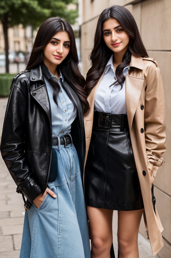 A young Armenian woman and a young Azeri woman, standing together, wearing classy outfits, both are attired with leather trench coats and leather backpacks, genuine smiles, posing for camera, warm friendship, detailed faces, beautiful eyes, detailed lips, photorealistic, high quality, masterpiece, 8k, ultra-detailed, realistic, vivid colors, natural lighting, street fashion, lifestyle, portrait