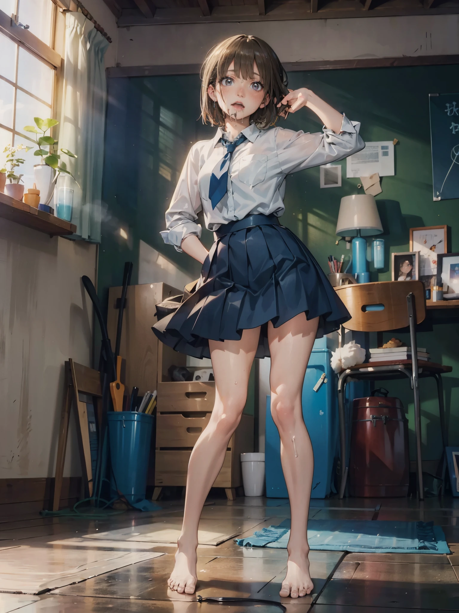 anime - style illustration of a high school girl in a (white dress shirt and light blue skirt), school days video game character, official character art, trending on cgstation, e-girl, cushart krenz key art feminine, full body, female anime girl, (posing:1.5), looking at viewer, (blush:1.7), (puffy lips:1.2), (cameltoe), (bare legs:1.5), (drooling:1.5), light brown hair,