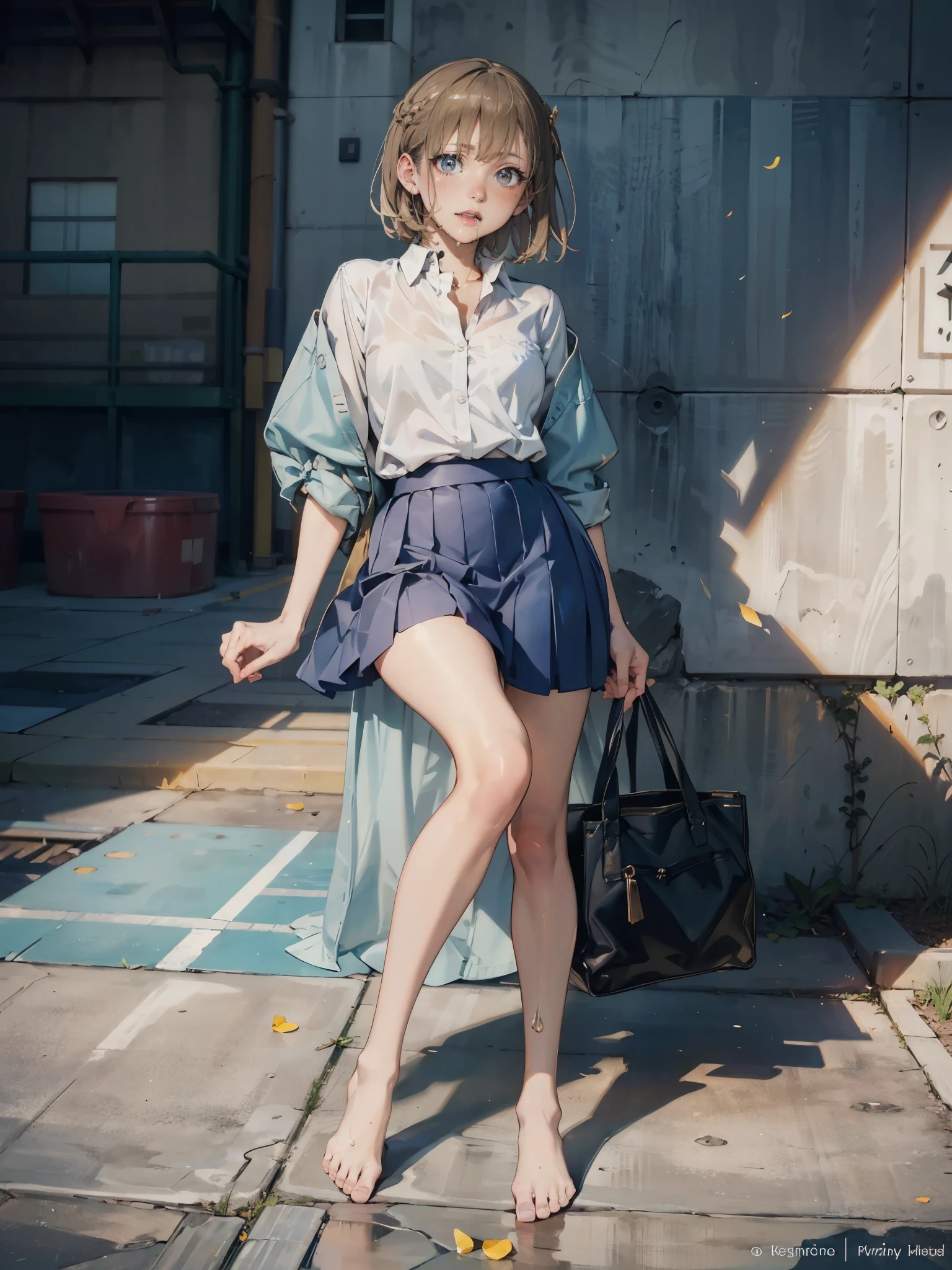 anime - style illustration of a high school girl in a (white dress shirt and light blue skirt), school days video game character, official character art, trending on cgstation, e-girl, cushart krenz key art feminine, full body, female anime girl, (posing:1.5), looking at viewer, (blush:1.7), (puffy lips:1.2), (cameltoe), (bare legs:1.5), (drooling:1.5), light brown hair,