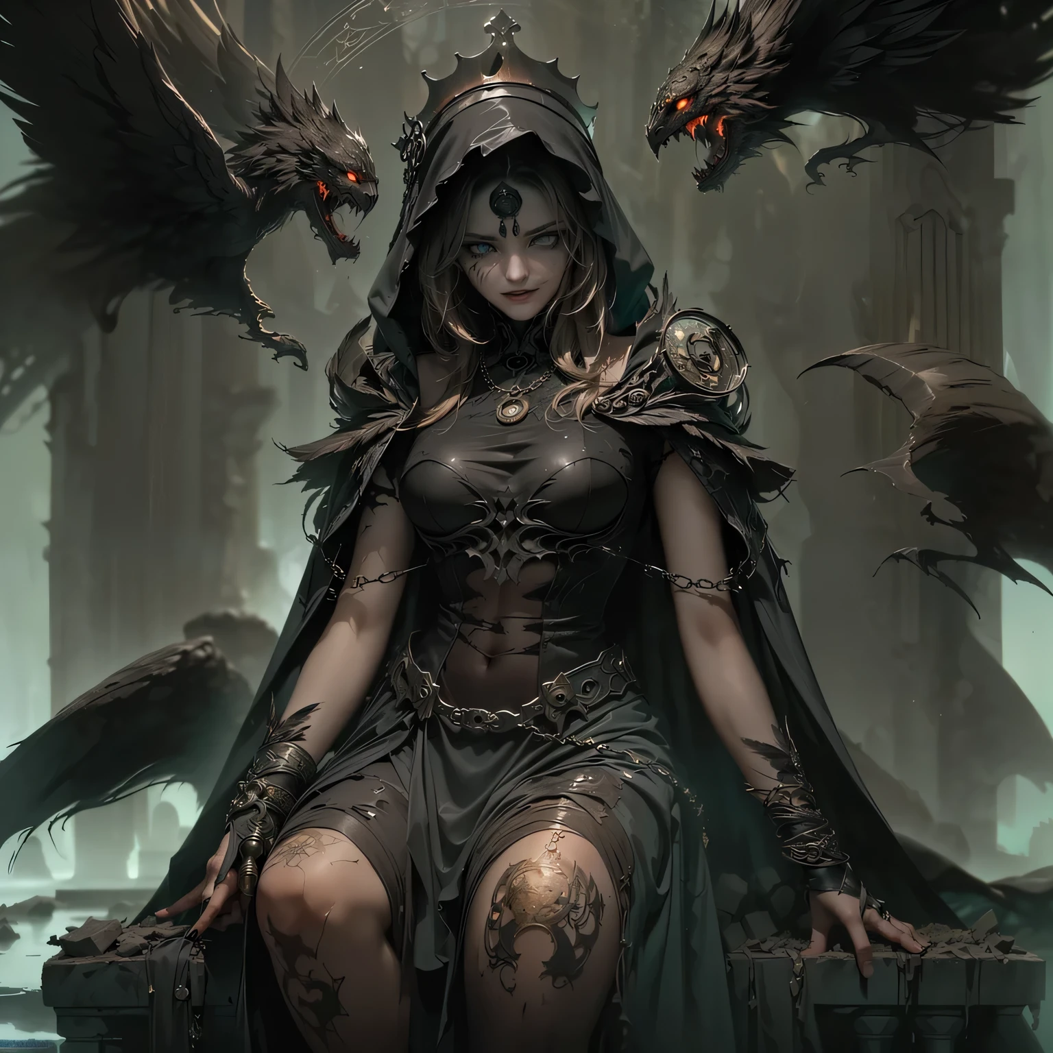 Witch with crow sitting on a purple dark energy surface with a purple light, an energy crow on his shoulder and another energy crow in front of him on the ground, uma bela feiticeira, bela feiticeira, mulher feiticeira, feiticeira, Gothic fantasy art, fantasia sombria maga feminina, Beautiful Female Sorceress, feiticeira escura, feiticeira maligna, bela feiticeira feminina, humano :: feiticeira, com poderes de magia negra, (((cabelos longos da cor preta detalhado))), seios grandes, 8k definition, (((corpo inteiro))), ((standing on her feet)), Assentamento de costas, backview, fogo roxo em formato de energia