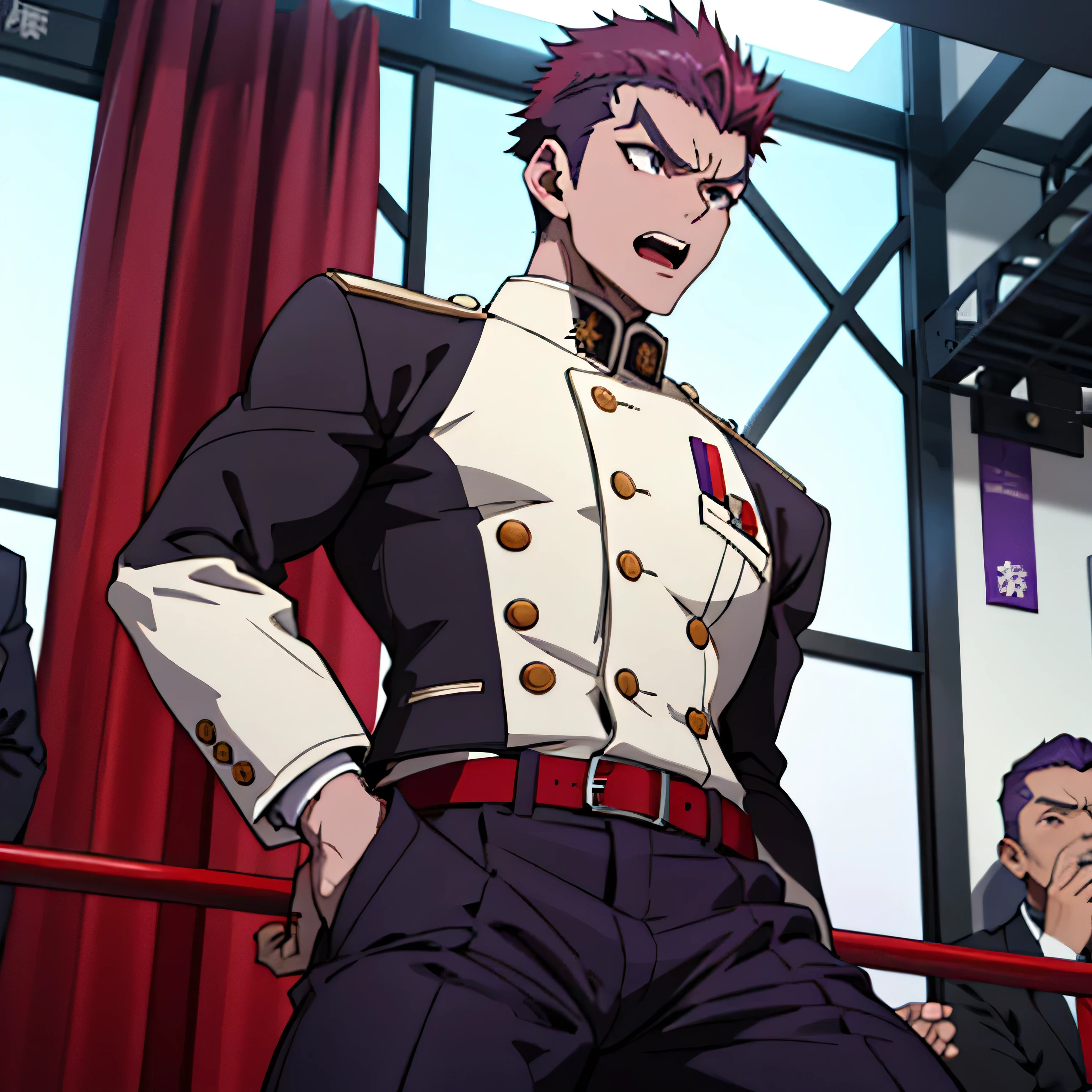 Age 25,, Purple military uniform、 black slim pants  , black belt、 red hairの短髪、cool battle pose、Spread your legs wider,black belt,logic, Purple military uniform、Gay , red hair, short hair on the side of the uniform,Lightly set hair with thick eyebrow wax、 red hairの短髪。Purple military uniform、 black slim pants 、Masculine,salaryman,Mob characters,bad student、 red hairの短髪、Purple military uniform、 black slim pants 、View from below　Open your mouth wide and scream　 painful face　 face up　Purple military uniform　 black slim pants 、 red hairの短髪
