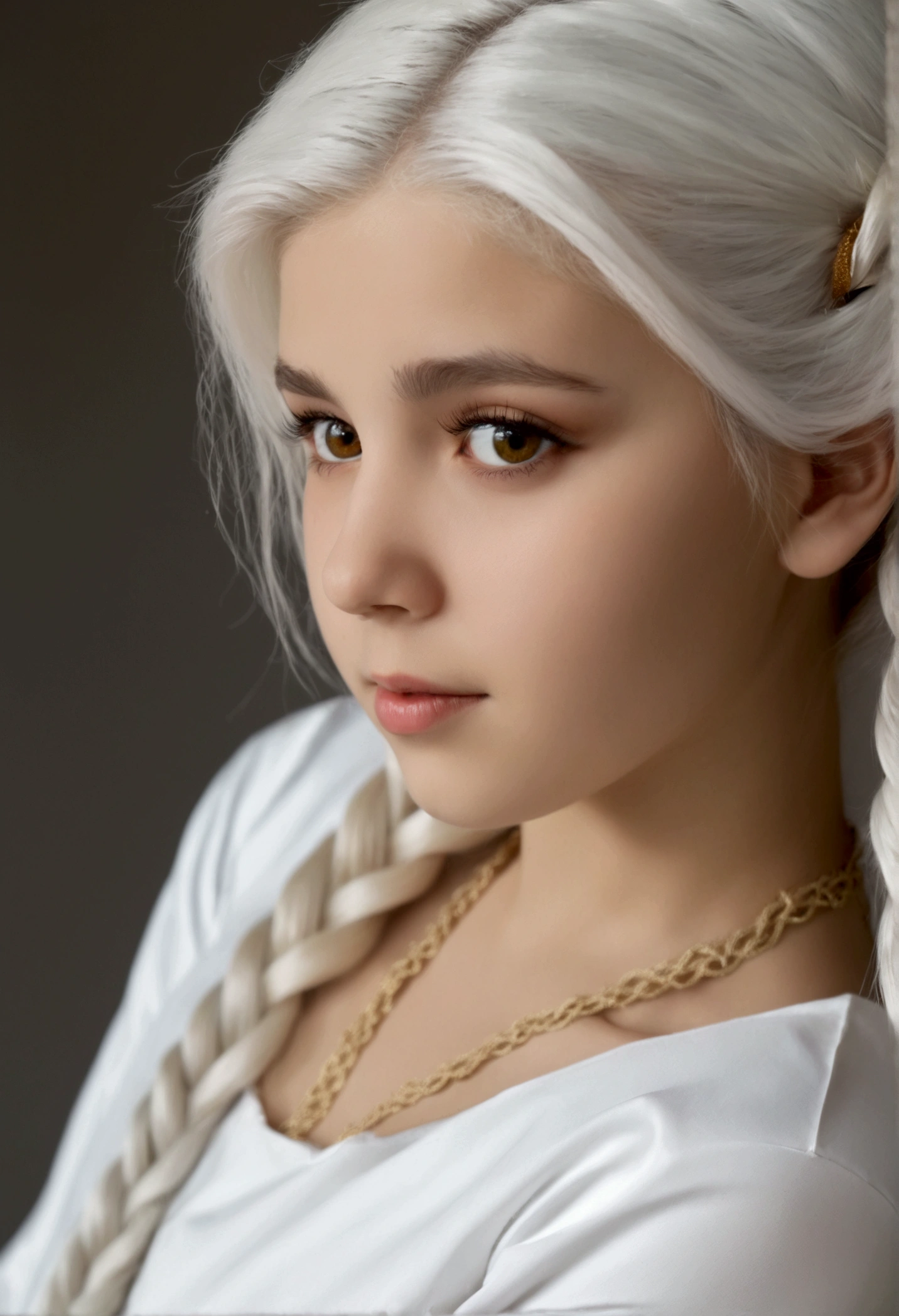  The best quality,  masterpiece , 1 young girl,  white hair,  golden eyes ,white clothes, searching for,  upper body,strand of hair,light skin, side braids