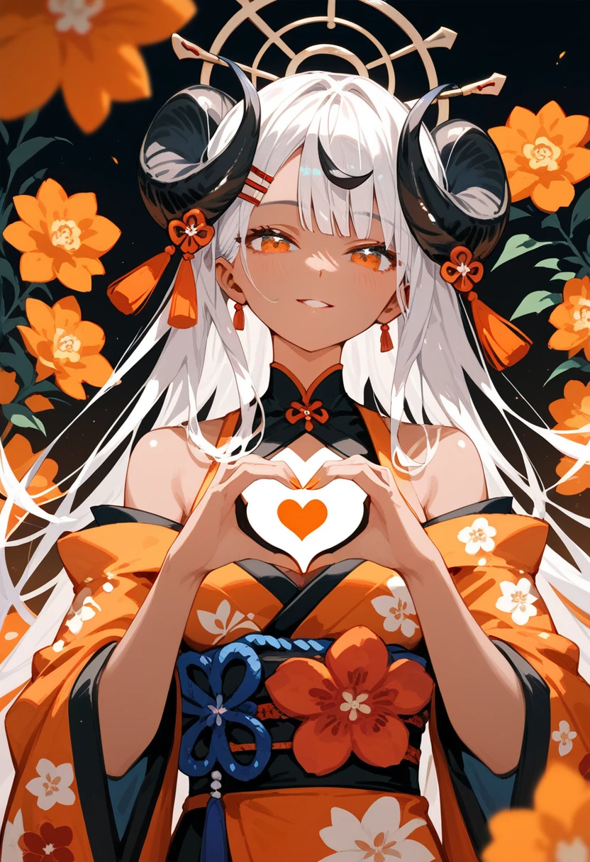 girl,Long hair,I gathered,There is a hairpin ,White hair,Tanned, in an orange floral kimono,In the orange eyes, With Black Curved Horns, medium breasts,beautiful, heart hand post