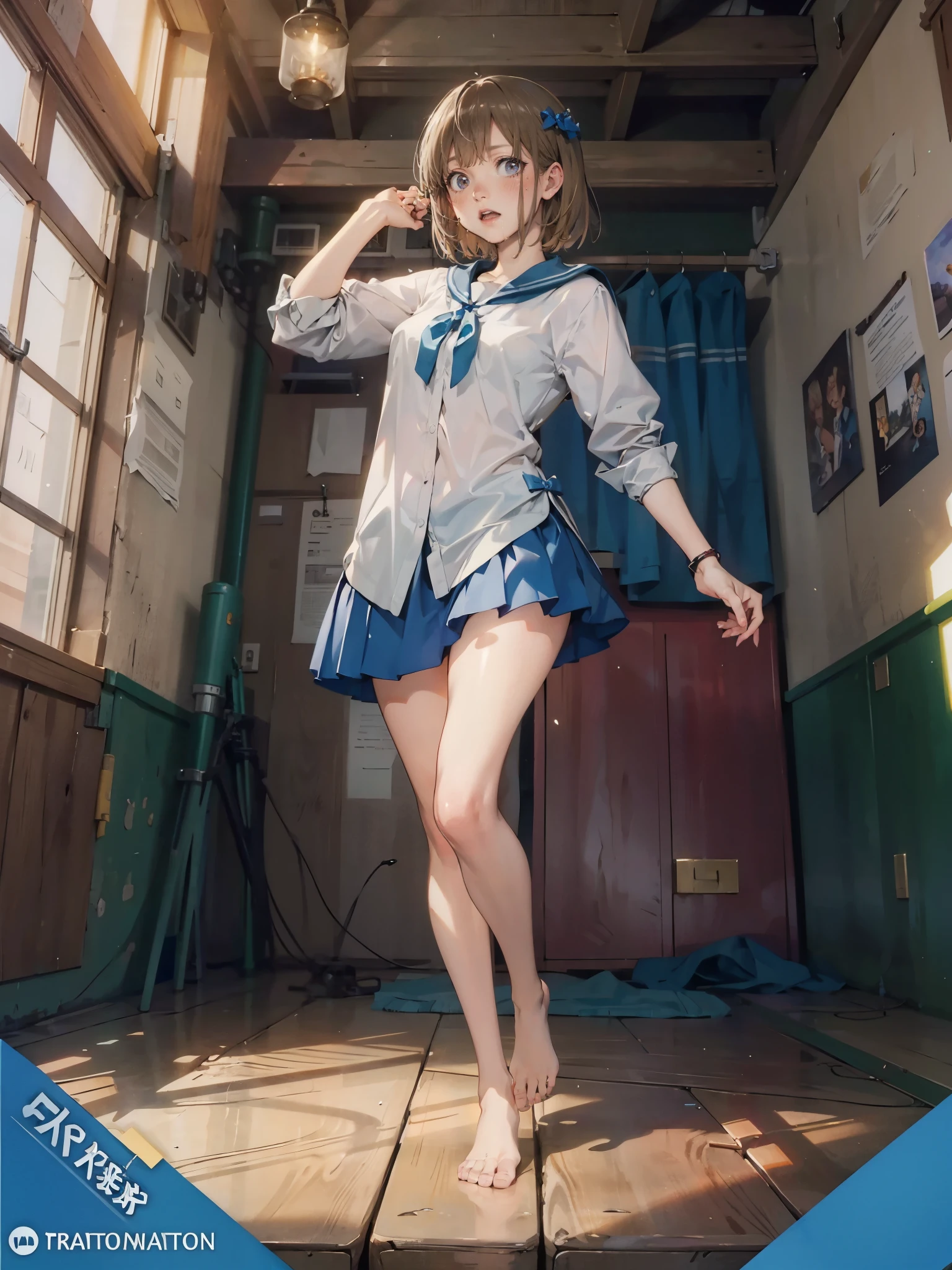 anime - style illustration of a high school girl in a (white dress shirt and light blue skirt), school days video game character, official character art, trending on cgstation, e-girl, cushart krenz key art feminine, full body, female anime girl, (posing:1.5), looking at viewer, (blush:1.7), (puffy lips:1.2), (cameltoe), (bare legs:1.5), (drooling:1.5), light brown hair,