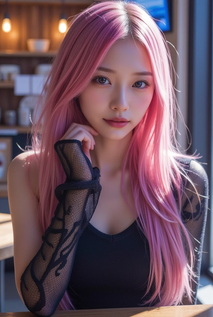 beautiful detailed eyes, wind swept hair, ((pink hair)), pink hair. natural posture, soft lighting, classical portrait, peaceful atmosphere, high resolution. Korean 23 year old girl, ((long tight black lace dress)),black dress, black dress, ocean background, same facial features, looking left of camera, shot looking down at model with kodak gold 400, eyes centred, smiling, 3/4 body image, red choker around neck, (no hands),