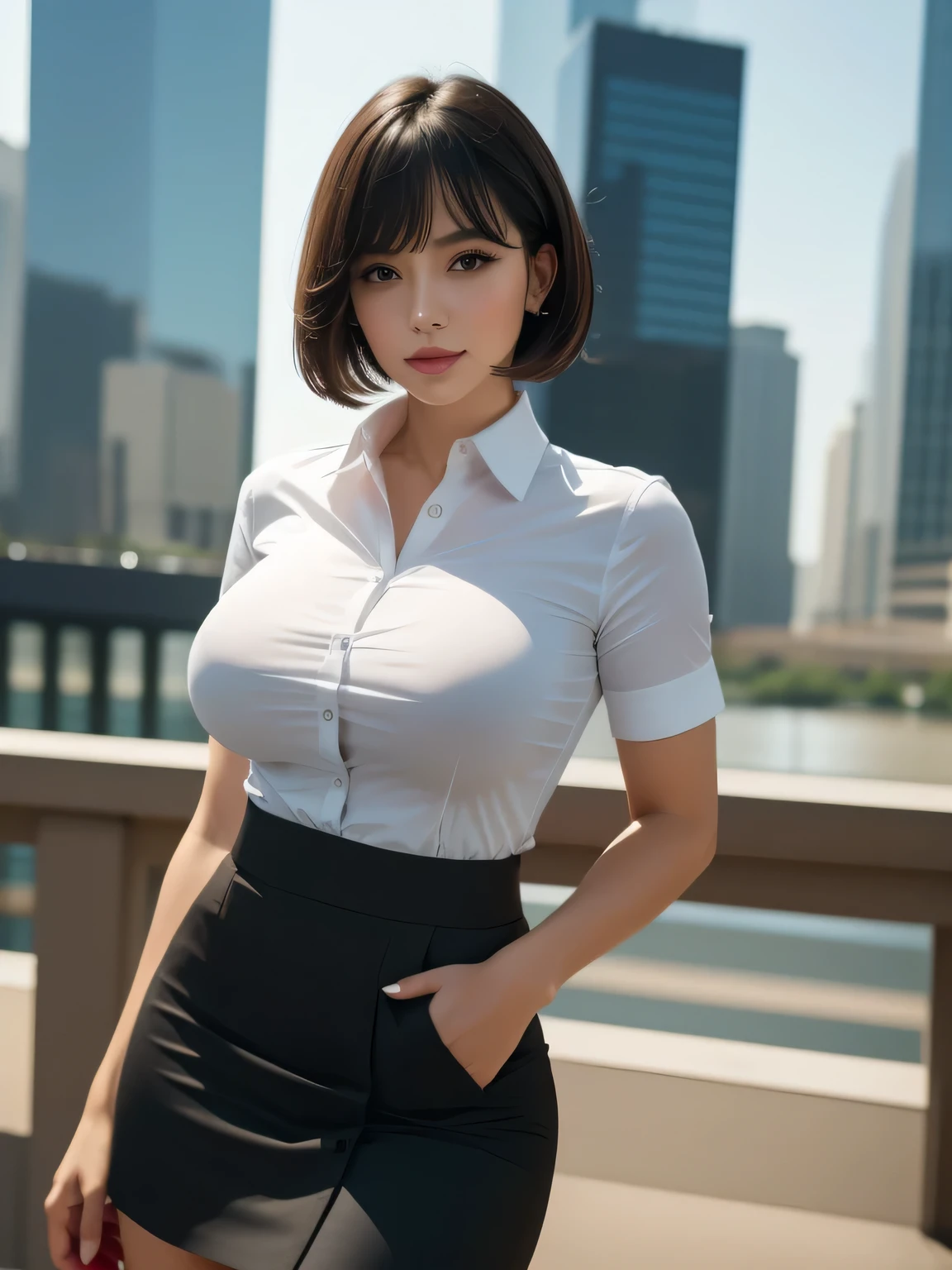 Tight-fitting business shirt, Tight-fitting short sleeves, High-waisted Tight-fitting skirt, (Shirt tucked into skirt:1.3), Road in front of the company, Skyscrapers in the background, Daytime, Sunshine,
8K Quality, (High Resolution:1.4), (Realistic photo:1.4), (Raw photo:1.1), (Extremely detailed photo), Absolute masterpiece,
(Looking at the viewer), Staring, Standing,
(Big breasts:1.2), (Lip make-up), Glossy skin, Bangs, Short wavy bob, Ultra pretty girl