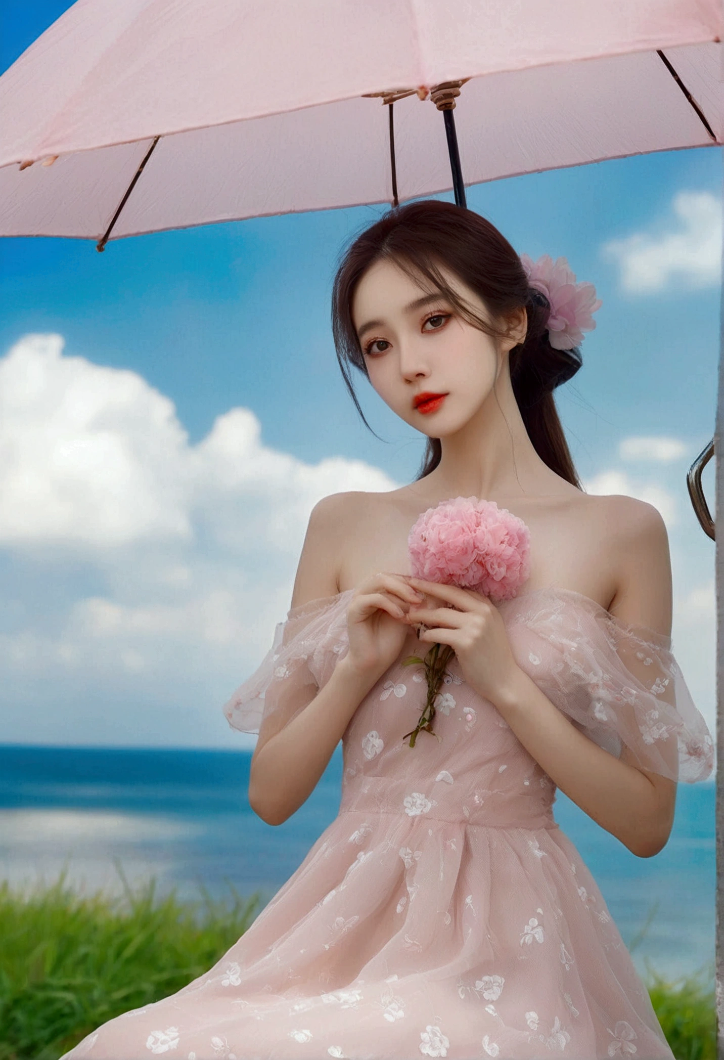  Beautiful and charming fashionable woman ,  full body: 1.6, holding flowers,  Random hairstyle, Sitting under an umbrella, by the sea, random color slip dress ,  hair waving in the wind ,  blue sky and white clouds ,  delicate sexy collarbone , covering the chest, lovely goose egg face, Double eyelid,  intelligent peach blossom eyes , pink lips, Small Upturned Nose,  bare shoulders , focused face, Close-up of the face,  Ultra high definition ,  super detail , ultrafine translucency, Fresh and good, see-through, rosa