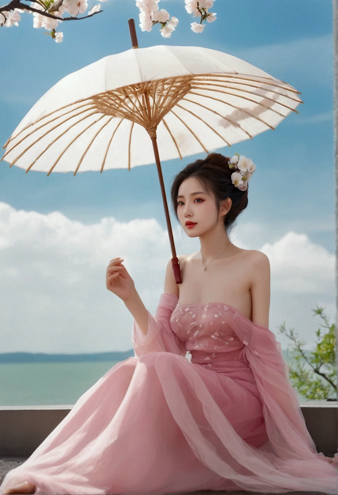  Beautiful and charming fashionable woman ,  full body: 1.6, holding flowers,  Random hairstyle, Sitting under an umbrella, by the sea, random color slip dress ,  hair waving in the wind ,  blue sky and white clouds ,  delicate sexy collarbone , covering the chest, lovely goose egg face, Double eyelid,  intelligent peach blossom eyes , pink lips, Small Upturned Nose,  bare shoulders , focused face, Close-up of the face,  Ultra high definition ,  super detail , ultrafine translucency, Fresh and good, see-through, rosa