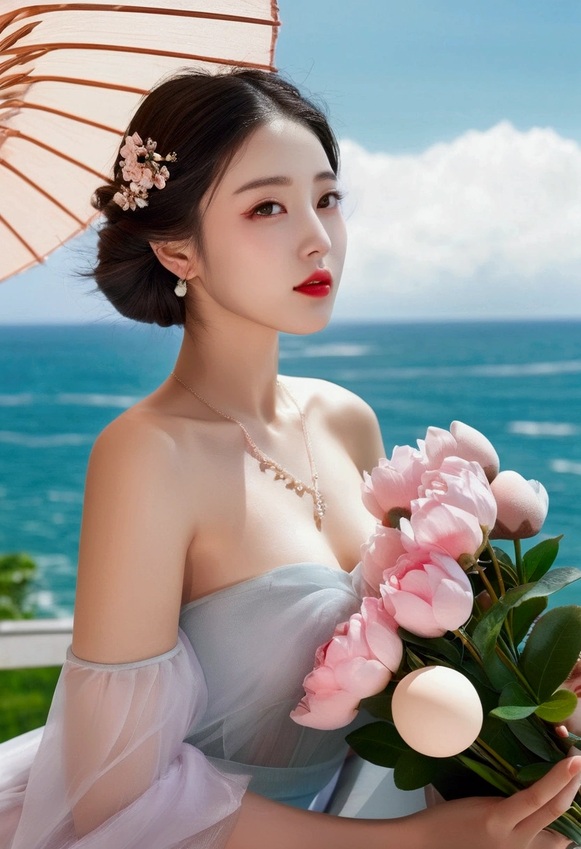  Beautiful and charming fashionable woman ,  full body: 1.6, holding flowers,  Random hairstyle, Sitting under an umbrella, by the sea, random color slip dress ,  hair waving in the wind ,  blue sky and white clouds ,  delicate sexy collarbone , covering the chest, lovely goose egg face, Double eyelid,  intelligent peach blossom eyes , pink lips, Small Upturned Nose,  bare shoulders , focused face, Close-up of the face,  Ultra high definition ,  super detail , ultrafine translucency, Fresh and good, see-through, rosa