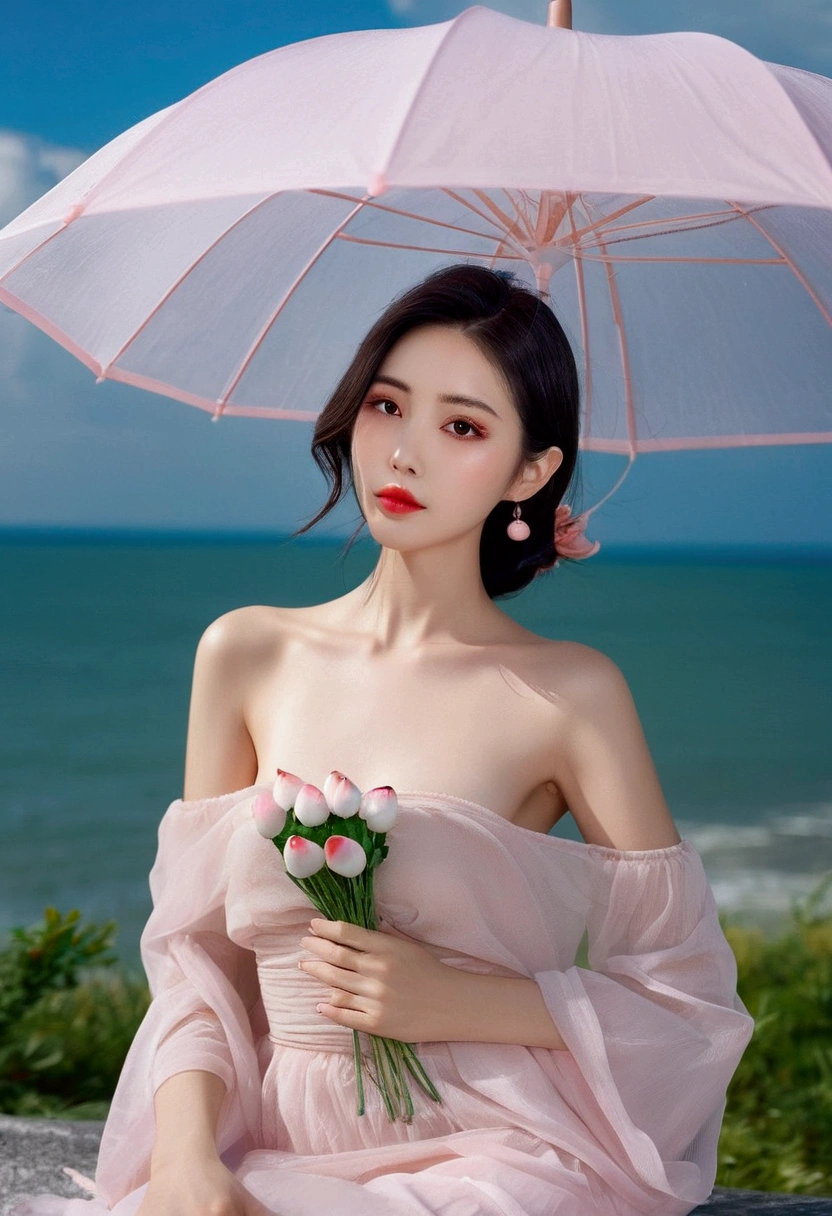  Beautiful and charming fashionable woman ,  full body: 1.6, holding flowers,  Random hairstyle, Sitting under an umbrella, by the sea, random color slip dress ,  hair waving in the wind ,  blue sky and white clouds ,  delicate sexy collarbone , covering the chest, lovely goose egg face, Double eyelid,  intelligent peach blossom eyes , pink lips, Small Upturned Nose,  bare shoulders , focused face, Close-up of the face,  Ultra high definition ,  super detail , ultrafine translucency, Fresh and good, see-through, rosa