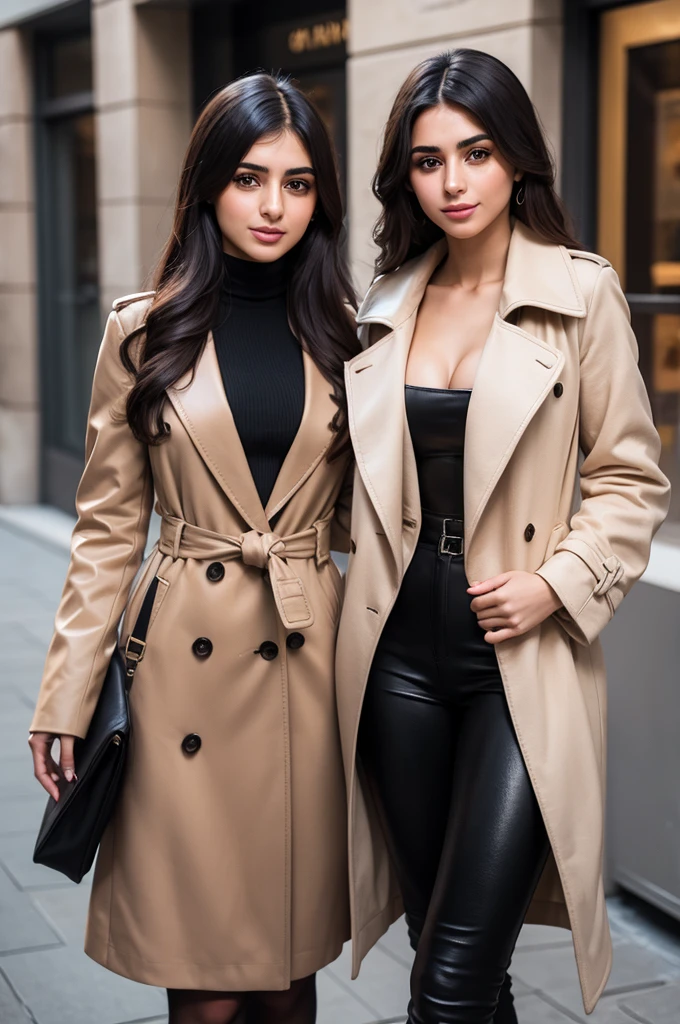 A young Armenian woman and a young Azeri woman, standing together, wearing classy outfits, both are attired with leather trench coats and leather backpacks, genuine smiles, posing for camera, warm friendship, detailed faces, beautiful eyes, detailed lips, photorealistic, high quality, masterpiece, 8k, ultra-detailed, realistic, vivid colors, natural lighting, street fashion, lifestyle, portrait