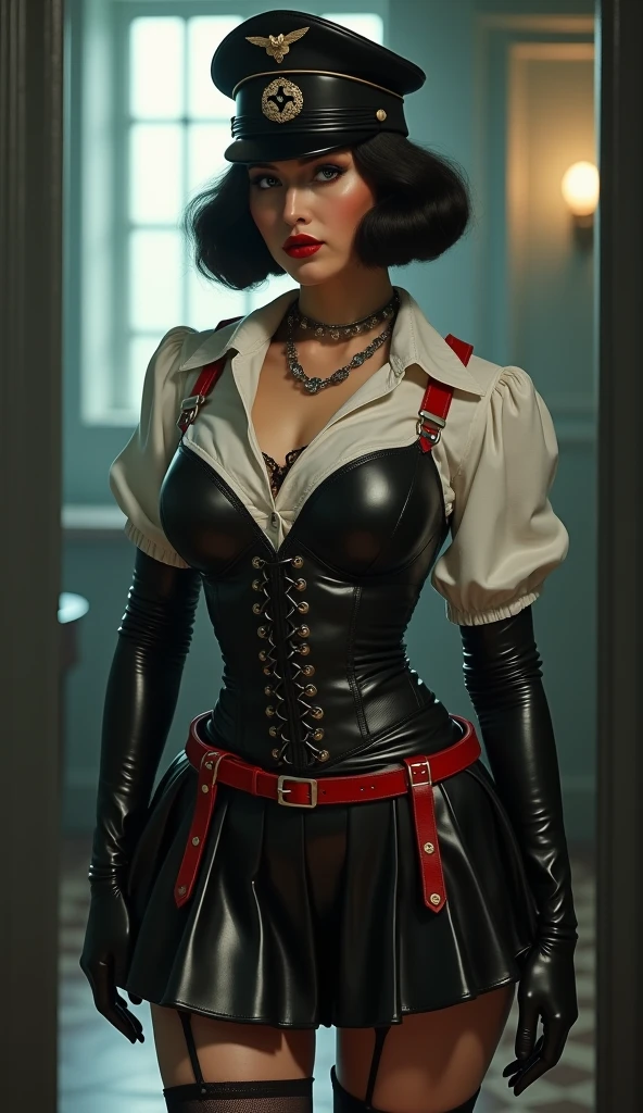 ( there is a woman holding a cigarette in her hand ),( Elizabeth from Burial at Sea ) (realistic:1.5), (fully dressed), ((female in 1950 hair short hair style a white long-sleeved blouse, her bird cameo, a black knee-length tight fitted skirt with a red belt, fishnet stockings and black heels with an ankle strap. Her hairstyle is brushed out pin curls and she wears make-up. )), (long black skirt:1.2) (white shirt:1.2) (masterpiece), (specular lighting:1.3), (hyperrealistic:1.2), (photorealistic face:1.2), (perfect face), (perfect eyeest quality), (there is a woman holding a cigarette in her hand, elizabeth from bioshock Burial at Sea, dramatic smoking pose, epic and classy portrait, beautiful , with smoke, cigarette, bioshock steampunk portrait ), (4k), sharp focus, octane render, best quality, extremely detailed, intricate, fantasy, soft lighting, (curvy:1.3), ( big eyes :1.3), (futanari:1.2), thick eyelashes, long eyelashes, ( slim ), smile, ((1950:1.5)), ( red lips, long eyelashes, mascara, eyeliner, eyeshadow, makeupt:1.3), cosy, looking at viewer, detailed skin , zfuta futanari, (erection:1.4)