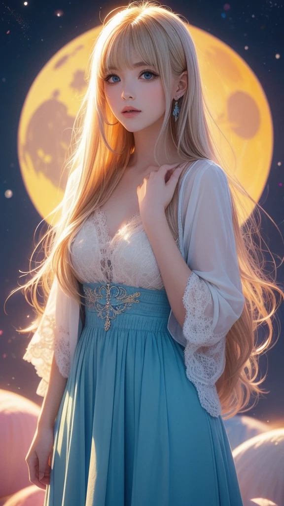 A twenty-year-old human with the theme of a blond Asian princess with blue eyes, Neutral look , attractive, piel Blanca, With long straight blonde hair appearing  ( mirando serio al espectador), color pastel, Oil style , Manhwa style, digital image, ( Reprentando a Amaris, la luna resplandeciente, una deidad menor de la luna, la magia y la noche),