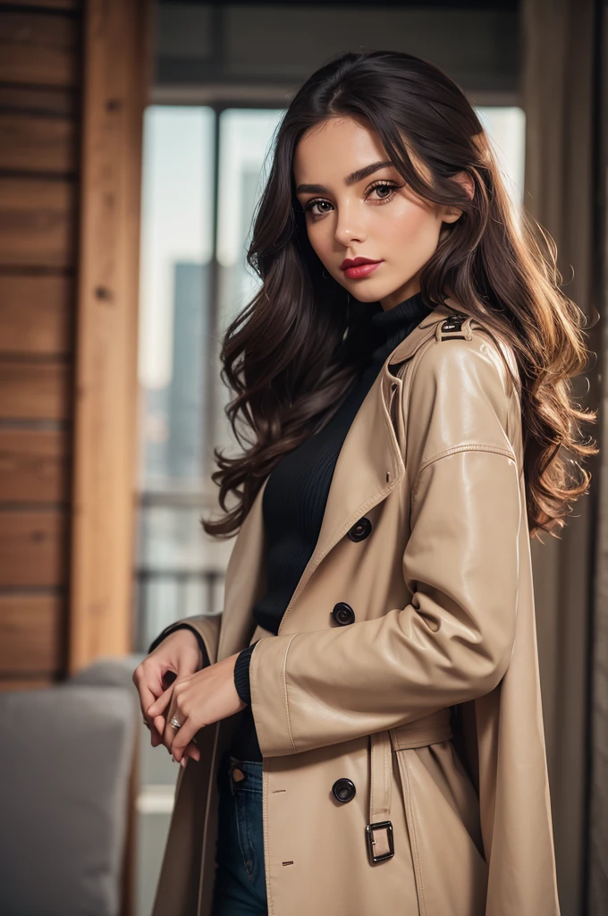 A close-up portrait, half body, a beautiful, gorgeous, marvelous Argentinian woman, super long brown hair, she wears curls, cute expression, pale soft skin, subtle makeup with red lipstick, donning a black leather trench coat with pads on shoulders, paired with skinny denim trousers, accented with a beige sweater top, black riding boots, captured in natural light, shallow depth of field, ultra fine, highly detailed, high constrast, high saturation, 8K, UHD resolution.
