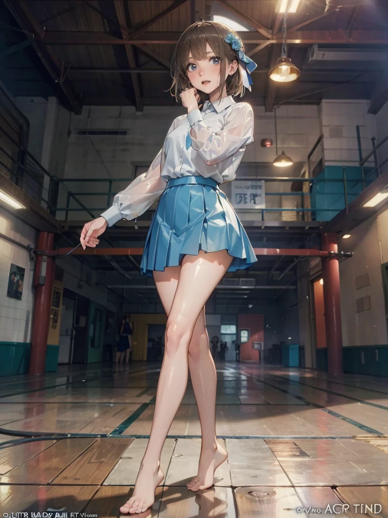 anime - style illustration of a high school girl in a (white dress shirt and light blue skirt), school days video game character, official character art, trending on cgstation, e-girl, cushart krenz key art feminine, full body, female anime girl, (posing:1.5), looking at viewer, (blush:1.7), (puffy lips:1.2), (cameltoe), (bare legs:1.5), (drooling:1.5), light brown hair,