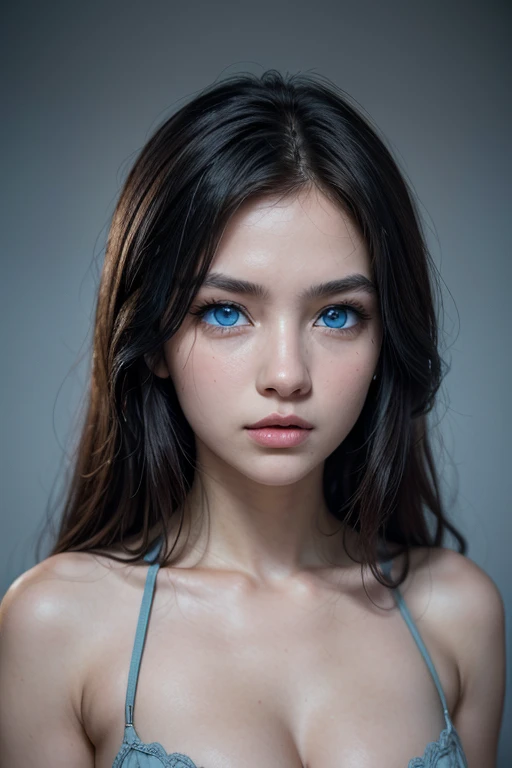   masterpiece  , 
1 girl,  rostro, 
 (brown eyes:1.3)( Blue eyes :1.7), pechos grandes ,neckline,brasier..