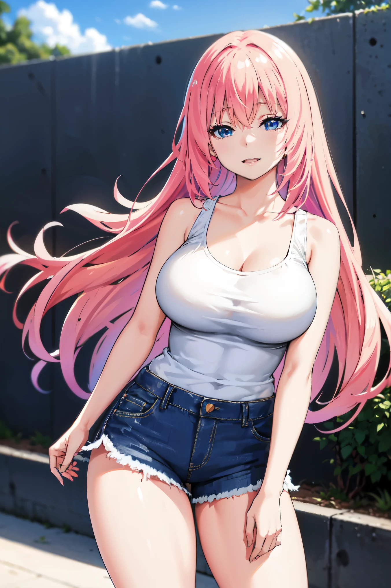 pink hair, medium tits , (( white tank top, short pants jeans)), thick, busty, blue eyes, long hair, upperbody, smile, legs, thigh, at beach, sky