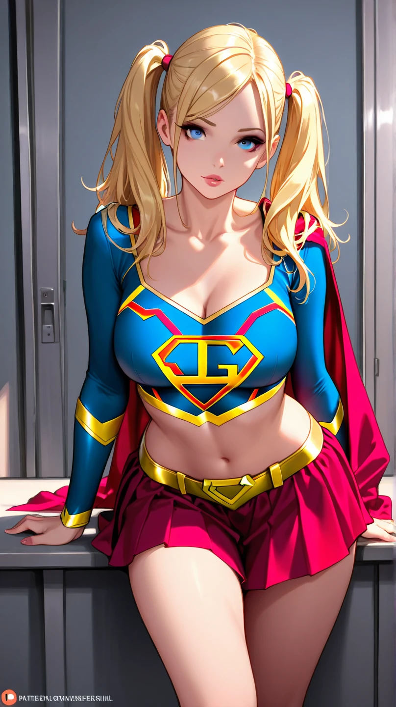 1girl, High Resolution, Breasts, Long Hair, Looking at viewer, supergirl, Masterpiece, High Resolution, Anatomically Correct, Blonde Hair, Twintails, skirt, cybernetic