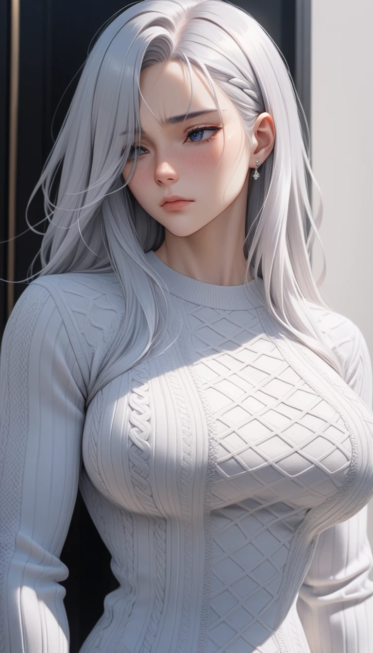 (very aesthetic, best quality, ultra detailed), intricate details,
1girl, silver hair, silver eyes, sharp jawline, sweater, long hair, hair over one eye, large breasts, shy, extremely muscular 