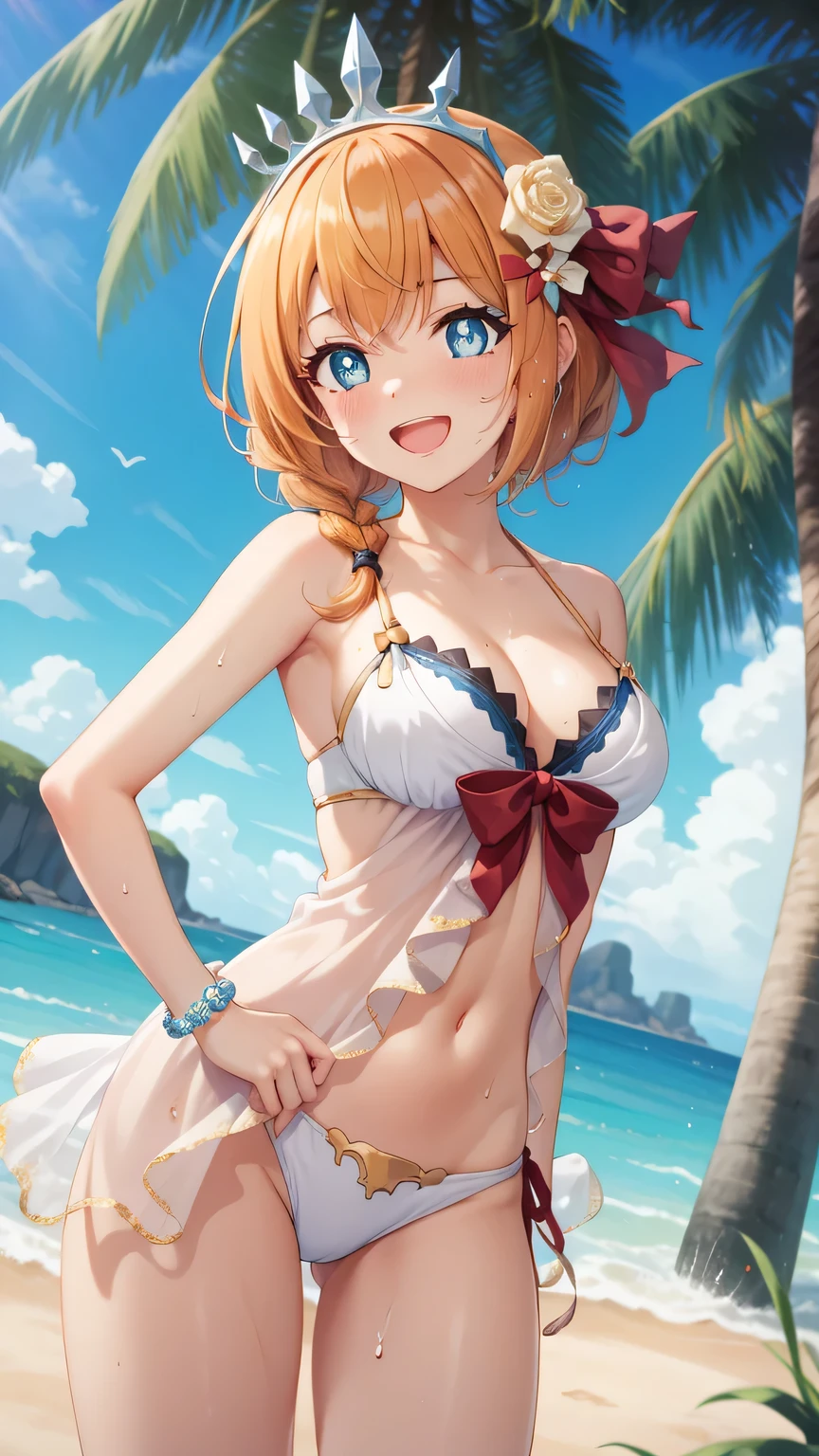 {{{masterpiece}}}, (best quality:1.5), (ultra-detailed:1.5), {illustration}, {{an extremely delicate and beautiful}}, (beautiful detailed eyes:1.6), absurdres, highres, extremely detailed face, 16k, hd, visual anime de uma jovem mulher, extremamente bonito rosto de anime, anime melhor garota, (perfect hands, perfect anatomy), anime face, Pecorine(Princess Connect!), aapeco, 1girl, solo, cute face, orange hair, very long hair, (straight hair:1.1), tiara, hair braid, ahoge, bangs, sidelocks, blue eyes, (black pupils:1.1), gradient eyes, medium breasts, thin waist, big hips, curvaceous, BREAK, hair flower, yellow flower, hair ribbon, bare shoulders, swimsuit, white bikini, see-through, bead bracelet, collarbone, looking at viewer, outdoor, sky, sea, daytime, beach, nicebeach, crowd of people, standing, smiling, open mouth, embarrassed, flushed cheeks, Dutch angle, erect nipples, cameltoe, Super shiny hair and skin, (Sweaty body, Dynamism), cowboy shot