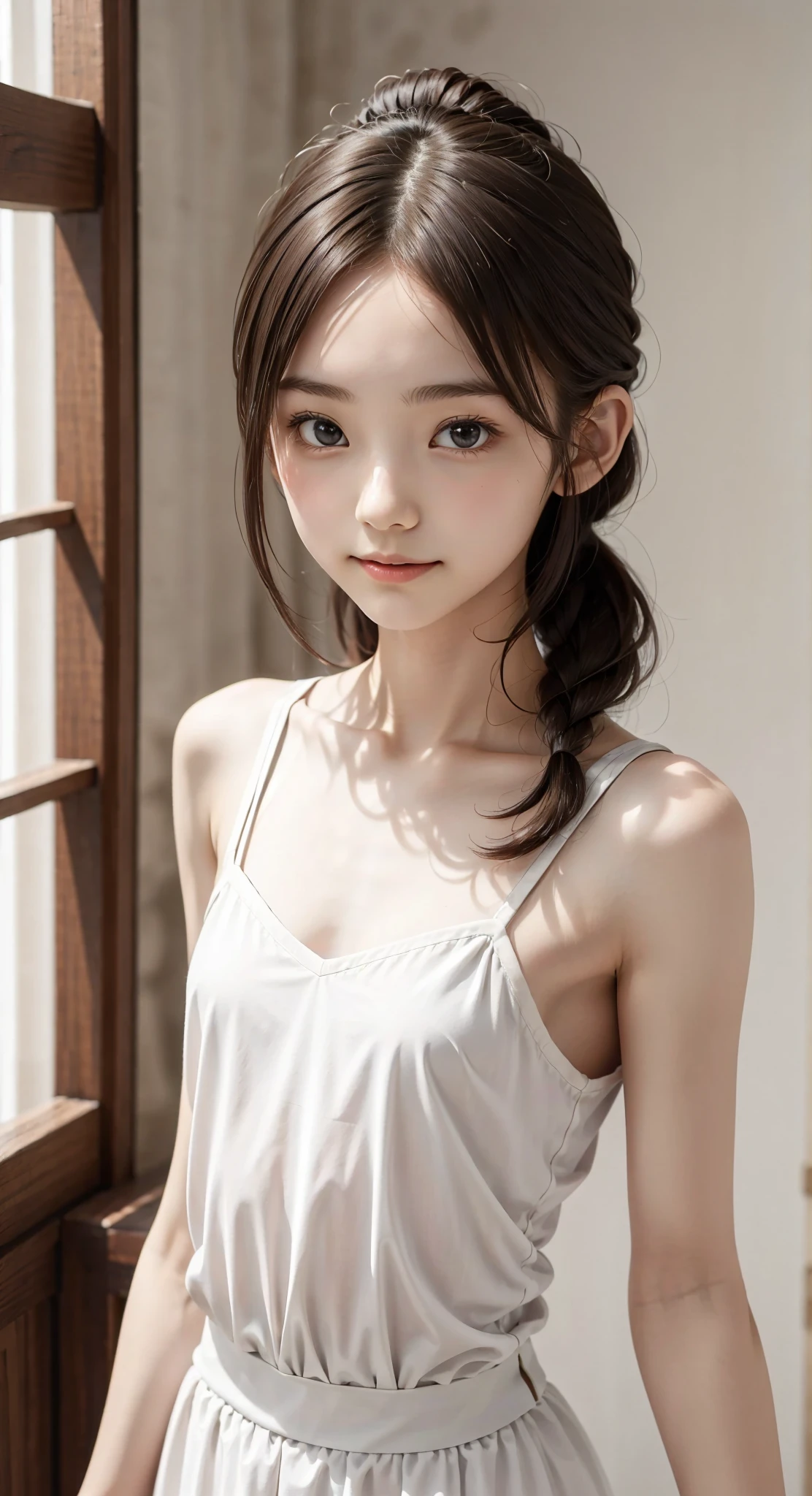 Maid, chignon hair,brown hair,slender body,cute pretty girl - SeaArt AI