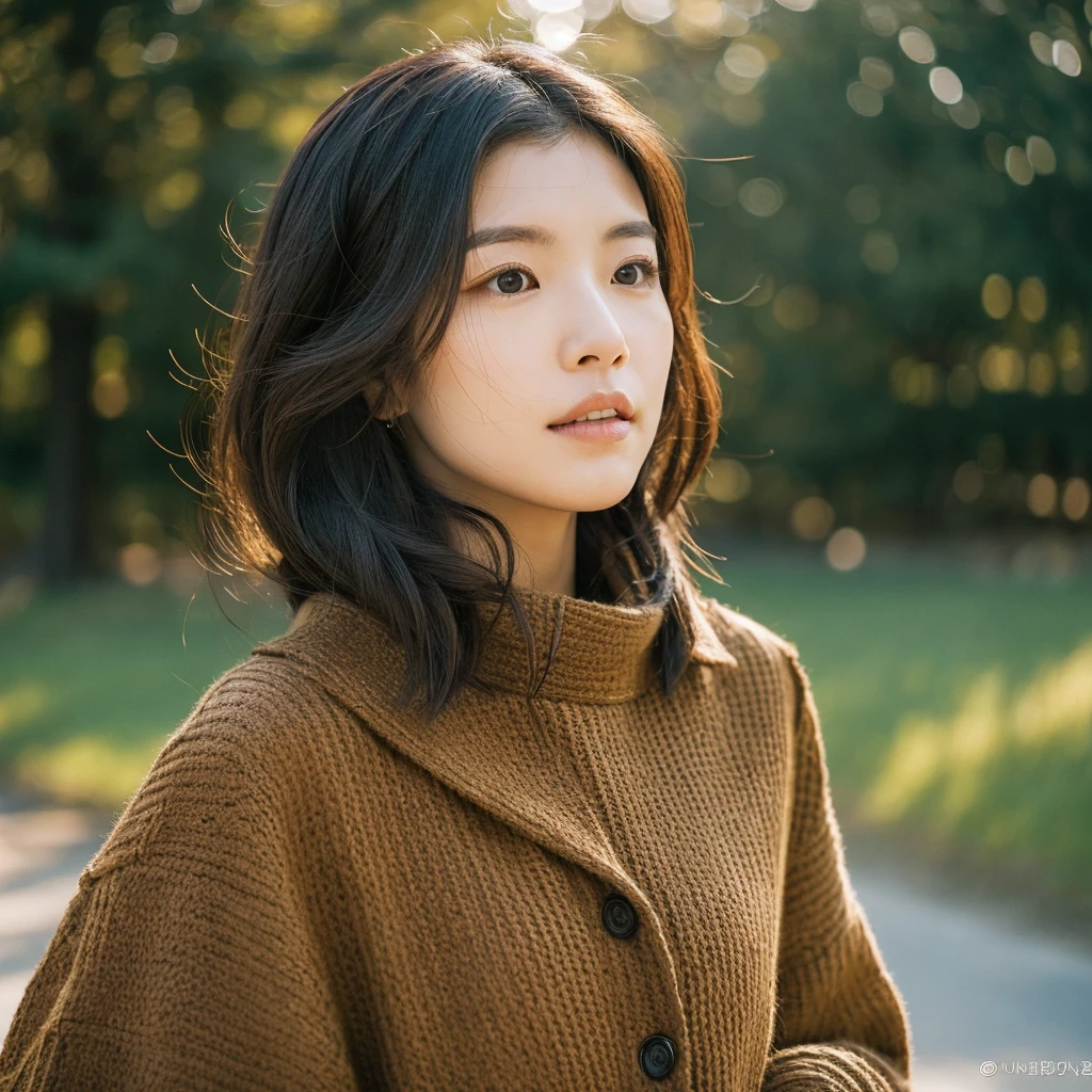 A hyper-realistic image of a single Japanese woman in her early 20s, captured with the nostalgic warmth and tactile graininess of a film camera. She is dressed in a stylish winter outfit, featuring a structured coat layered over a textured knit sweater, combining elegance and warmth. Her skin has a natural, warm beige tone with a visibly rough texture, showing fine pores, small uneven patches, and tonal variations that add to the authenticity of her appearance. Subtle imperfections such as faint blemishes and areas of slightly dry texture are evident, enhancing the lifelike quality and avoiding an overly polished look. Her deep black eyes reflect the diffused natural light, adding depth and emotion while maintaining a grounded realism. Her straight, slightly tousled black hair frames her face, with individual strands subtly catching the soft, ambient light, adding to the candid, organic feel. The natural light is muted, casting soft, diffused shadows that emphasize the contours of her face and the texture of her skin. The grainy film effect is prominent, blending warm tones and subtle imperfections to create a timeless and lifelike atmosphere. The overall composition focuses solely on this one individual, blending understated winter fashion with the raw, imperfect beauty captured through the lens of a film camera.
