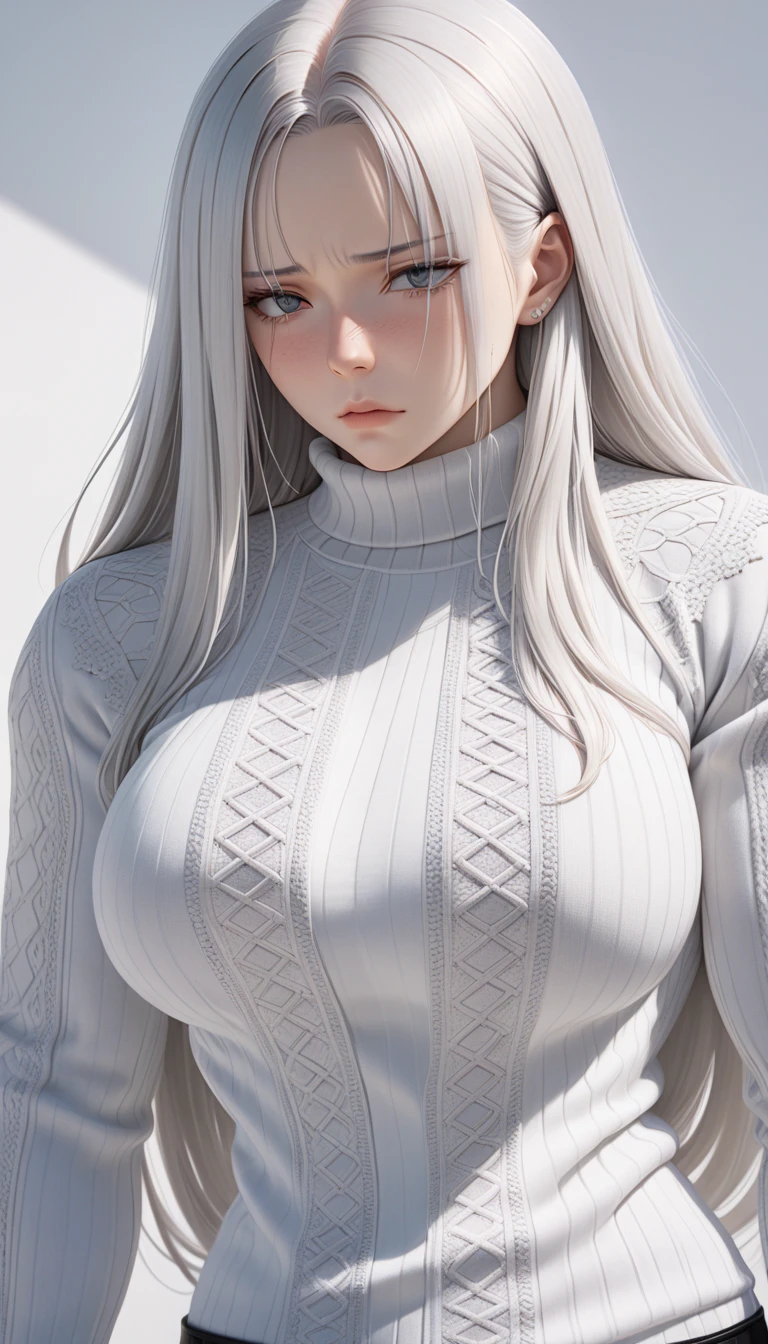 (very aesthetic, best quality, ultra detailed), intricate details,
1girl, silver hair, silver eyes, sharp jawline, sweater, long hair, hair over one eye, large breasts, shy, extremely muscular 