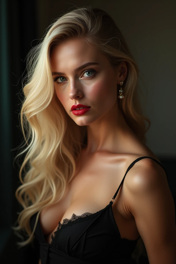 (Extremely quality,ultra - detailed,best illuminate),((quality, 8K)),(1人の女性),(Soft skin tone,+Hourglass figure),(sultry expression),(Anna Nicole Smith),sexy busty blonde,(photo shot),(wide wide shot),Amazing lingerie,Leather glove,High-end furniture,Gloss finish