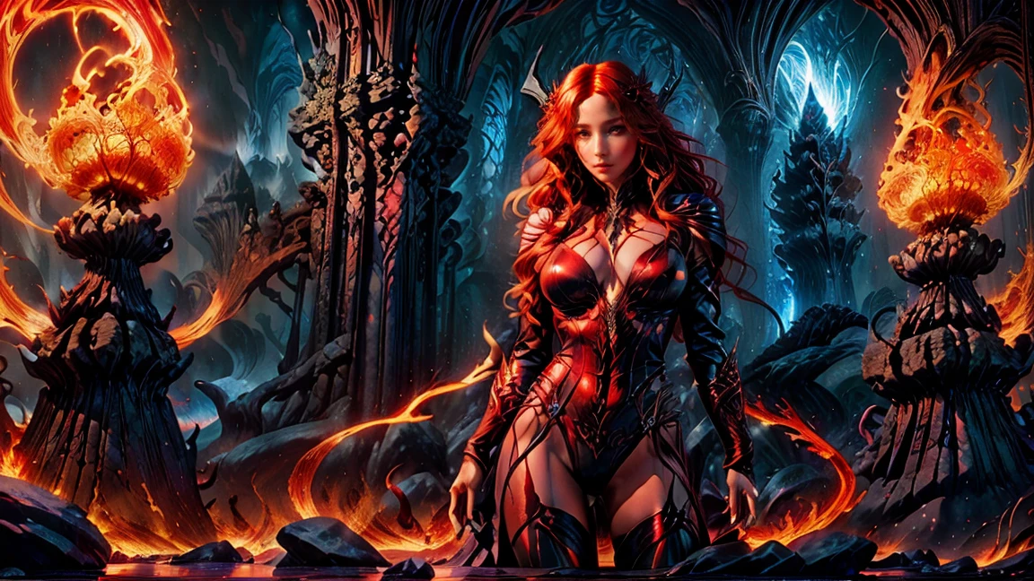 A demonic sorceress with long flowing red hair, wearing a tight black leather bodysuit with glowing runes. She stands provocatively in a fiery cavern, surrounded by molten lava and jagged rocks. Her eyes glow red as she casts dark magic.