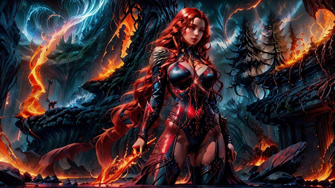 A demonic sorceress with long flowing red hair, wearing a tight black leather bodysuit with glowing runes. She stands provocatively in a fiery cavern, surrounded by molten lava and jagged rocks. Her eyes glow red as she casts dark magic.