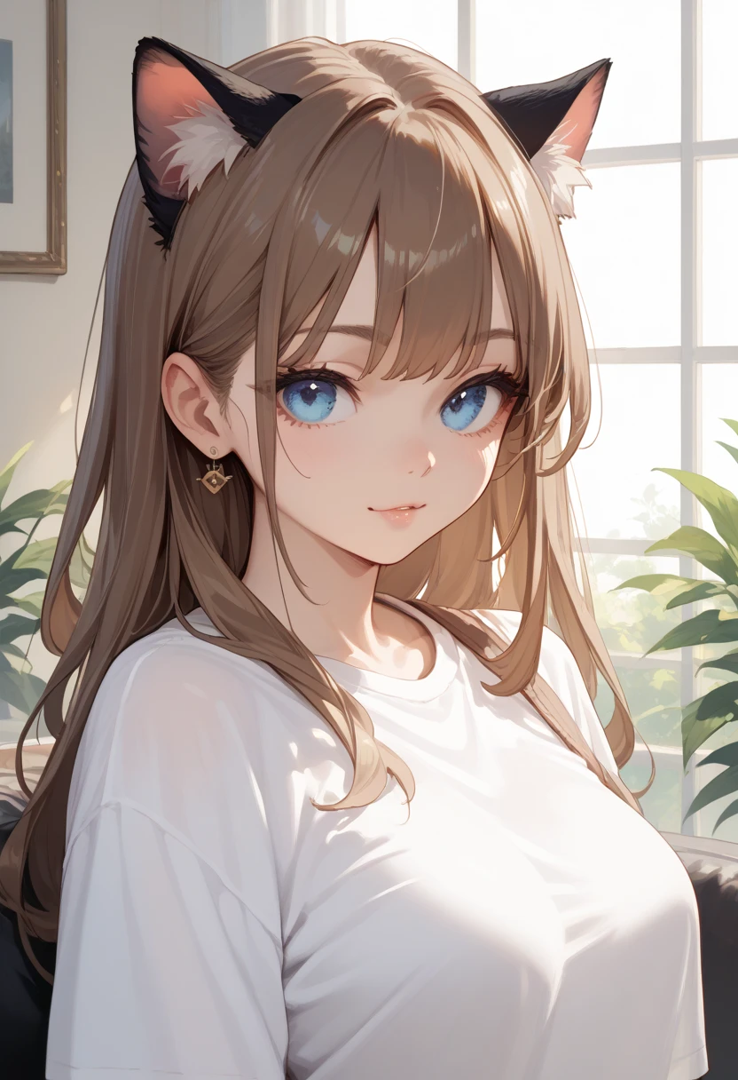 1girl, Solo, Long Hair, Blue eyes, Brown Hair, Cat Ears, 
White T shirt,