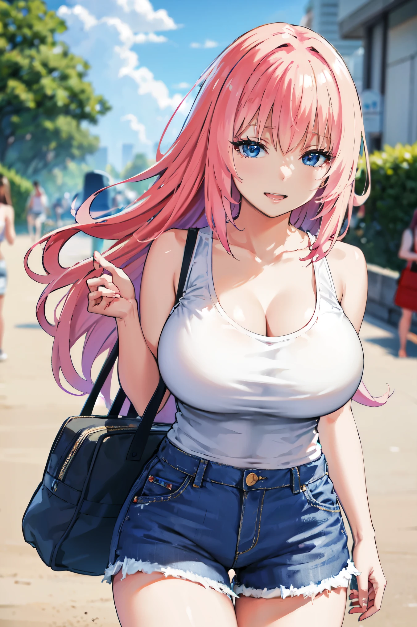 pink hair, medium tits , (( white tank top, short pants jeans)), thick, busty, blue eyes, long hair, upperbody, smile, legs, thigh, at beach, sky