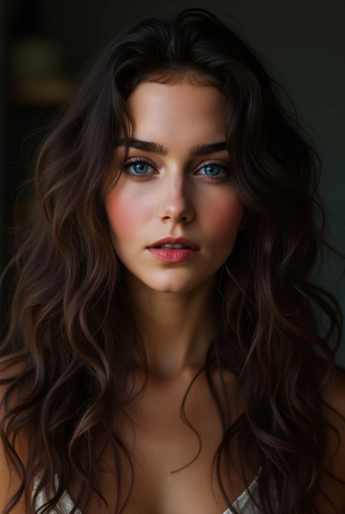 22 yo woman, alone, long brown slightly curly hair, blue eye, visage parfait, professional makeup like model, ultra realistic, selfi nue, sexy, my