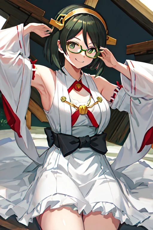  best quality, masterpiece,  high definition , Alone, {Maid:1.40}, {long Maid dress:1.15}, {Kirishima_ kantaicolection :1.15}, short_hair, Glasses, black_hair, hairband, Non-traditional_Shrine maiden,  GREEN FRAME_Glasses,  headgear , smile, chest