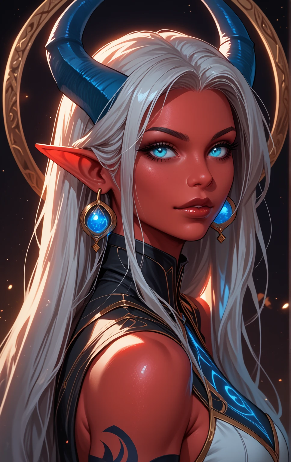 1 girl, A Tiefling,  Long hair,  high definition , earrings, Legs out of frame, персонаж далеко, athletic body,  pretty face,  young , Red skin, Dark background, Accuracy, High quality, In profile, Not too long horns, Ebony blue horns, Silver hair, Dark goddess, Cyan eyes, Смотрит на зрителя, 