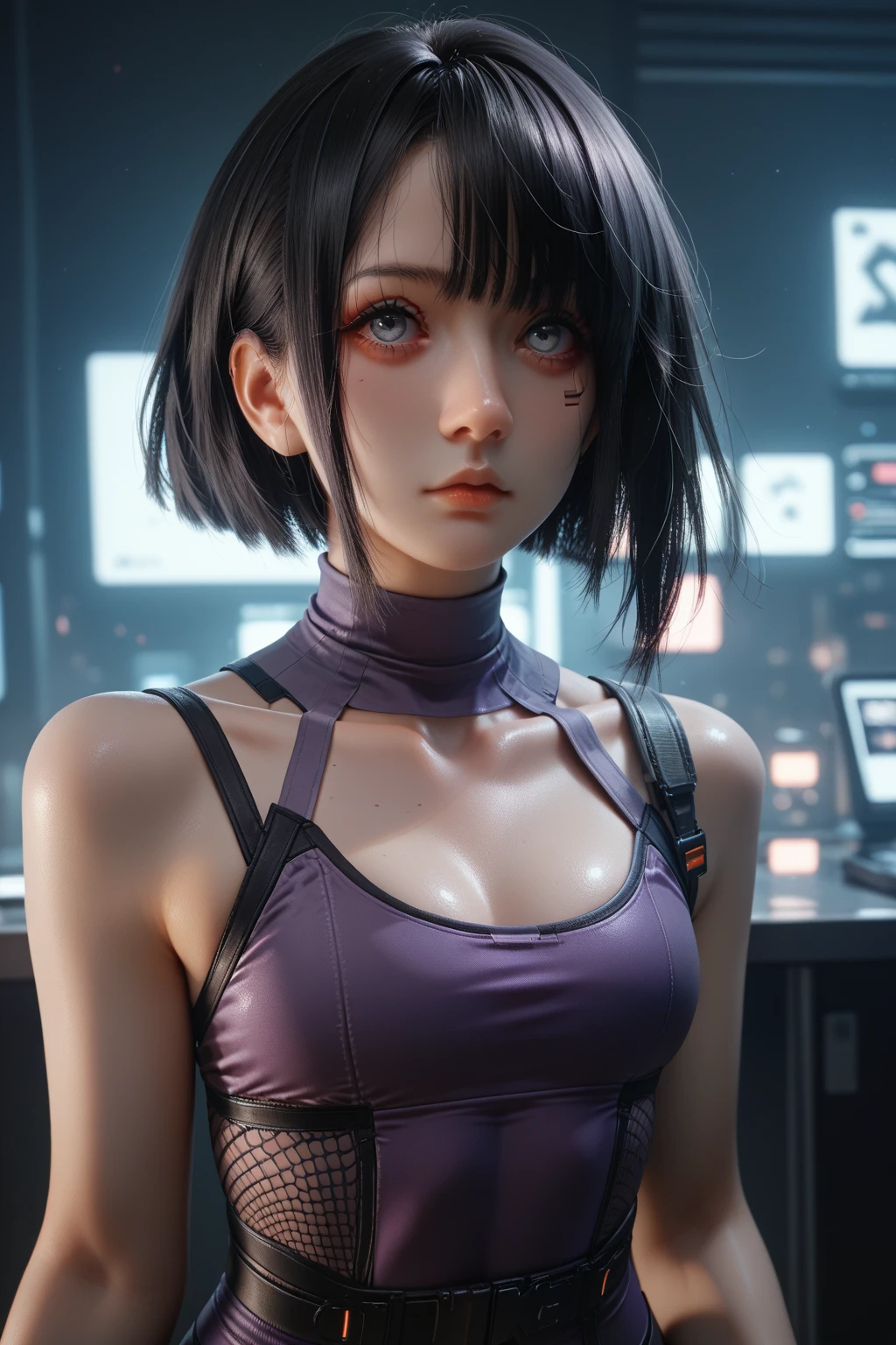 shorts, (bodysuit), (detached sleeves), pouch, (gray hair), (asymmetrical hair), (short hair), (multicolored hair), (beautiful detail hair), (blow hair), red eyeliner, beautiful woman, beautiful eyes, detailed beautiful shiny skin, cute, perfect skin, shiny skin, 20 years old, (small breasts), (outdoor), sharp face, (midriff: 1.2), (melancholy), sweat, wet, neon, cyberpunk, science fiction, (combat stance), (golden wire), (narrow waist: 1.4), viewer watch, (mechanical parts), rain realistic: 0.6, photorealistic: 0.6, (best quality), (high resolution), photography, (deep depth of field), (4K UHD), physically based rendering, soft light, Synemetics, (Manga: 1.1), (Various cluttered mess of backgrounds: 1.1), (Light particles), (Lush Detail), (Stunning), (Dynamic Perspective Shot, Medium Shot), (Sharp Focus), Colorful Light, Night, From Below, Darkness (Expression) Depressed. Wet naked, camel toe, harem, topless. semi-naked, cleavage,, muscles, cat ears