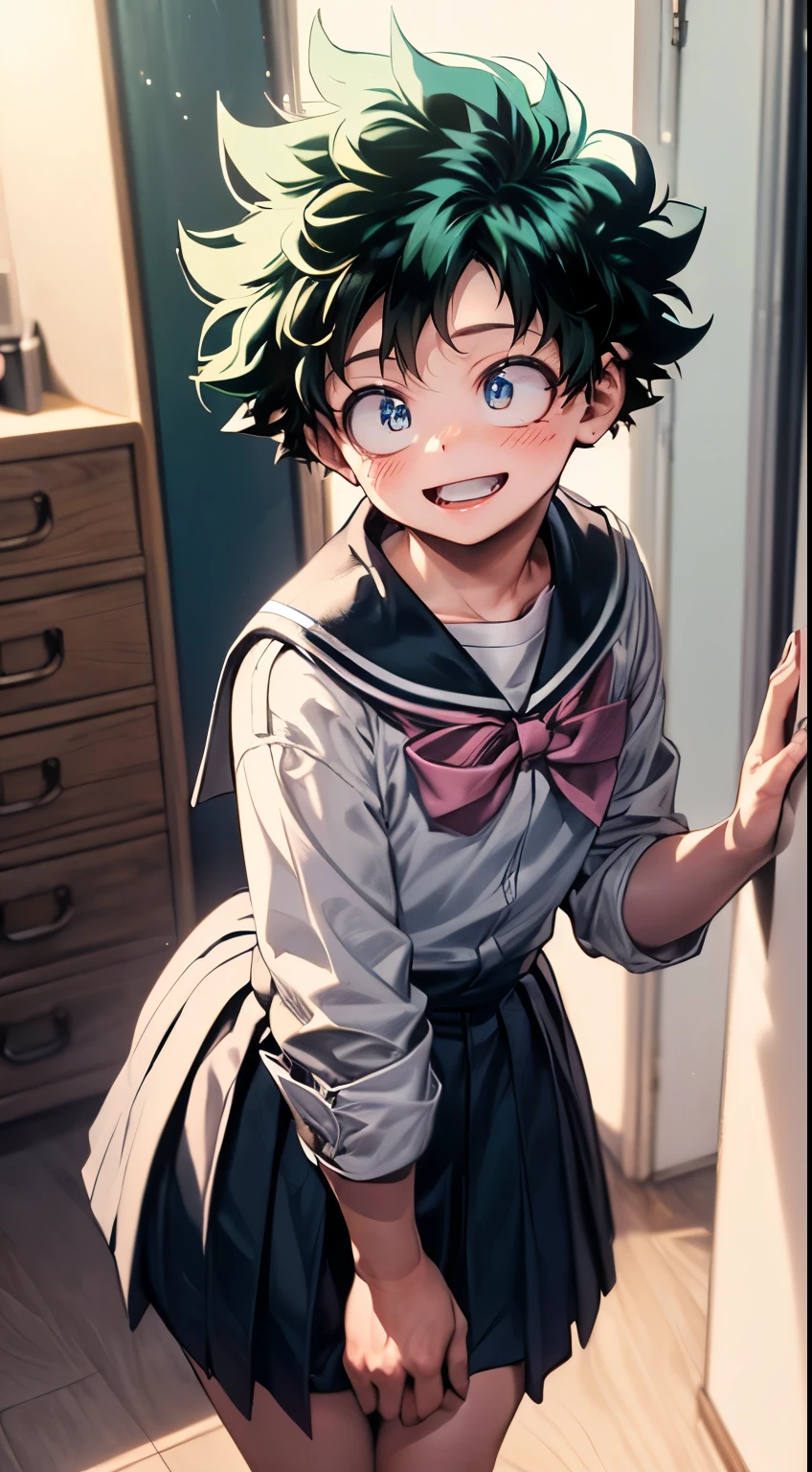 ((Masterpiece)), ((best quality)),((, 1 boy , teen , young,  Midoriya deku)),(( short hair,  happy, smile, makeup, blush, eyeliner,  eyeshadows ,  big long eyelashes,  pink lips)), (( U.A school uniform)),  sexy legs , standing, feminine  mannerisms 