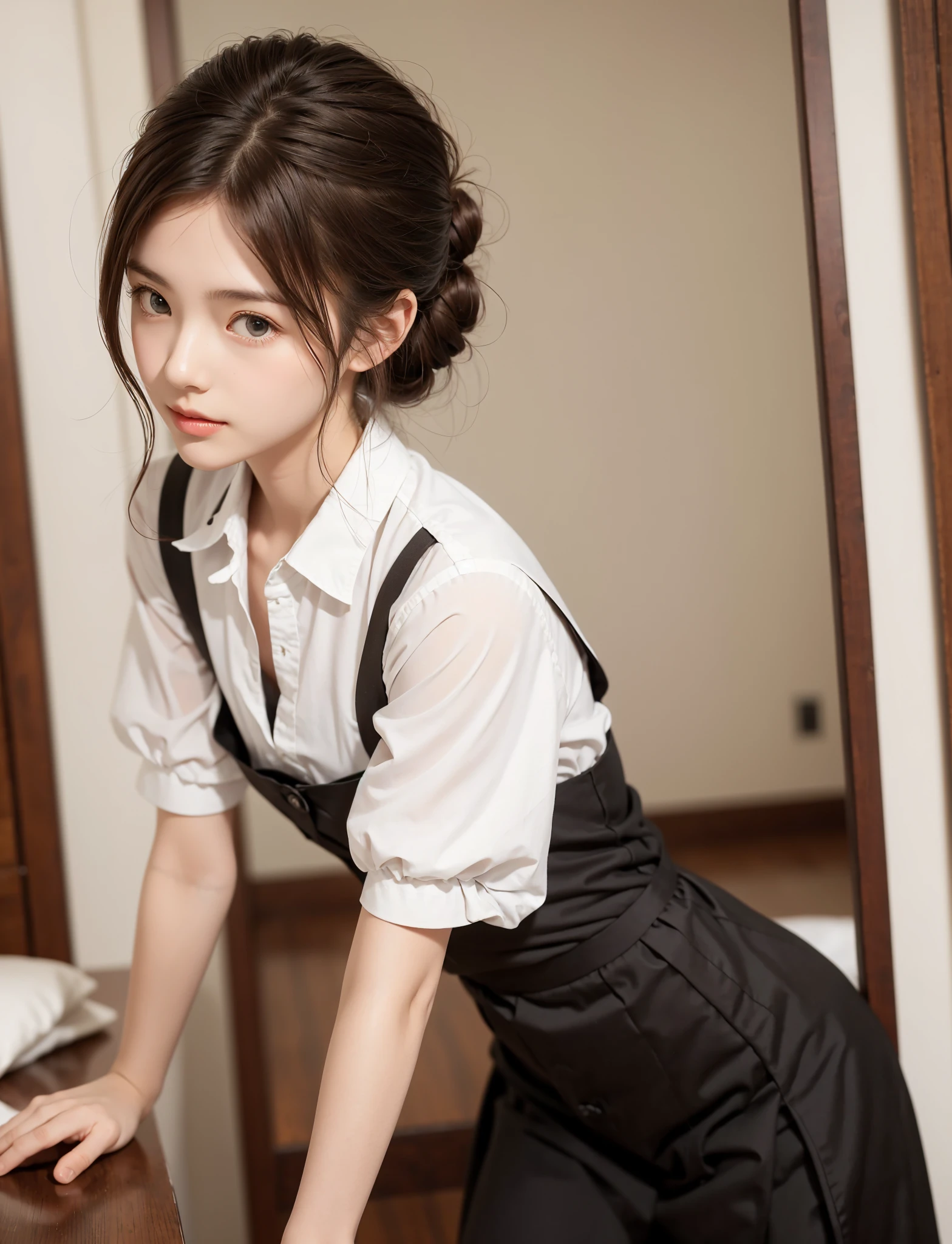 Maid, chignon hair,brown hair,slender body,cute pretty girl