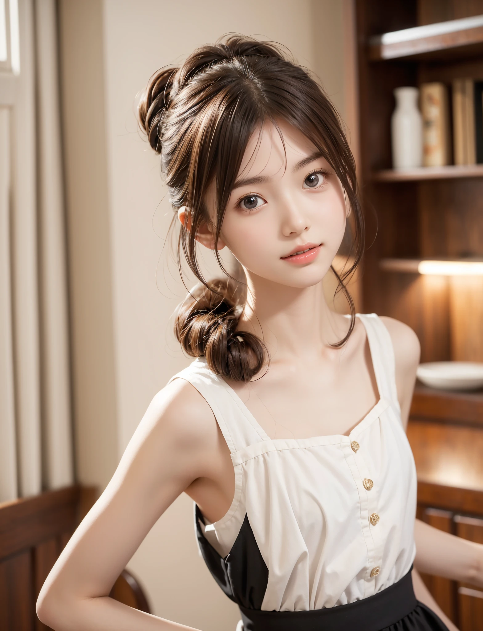 Maid, chignon hair,brown hair,slender body,cute pretty girl