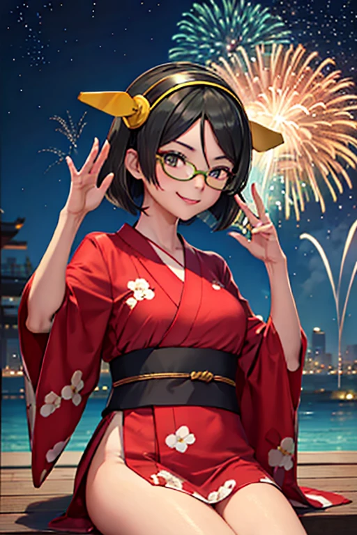 Fireworks are being set off. A cute woman wearing a resting yukata is having fun.  The masterpiece has a mischievous smile on her face .,short_hair, Glasses, black_hair, hairband,  GREEN FRAME_Glasses,  headgear 