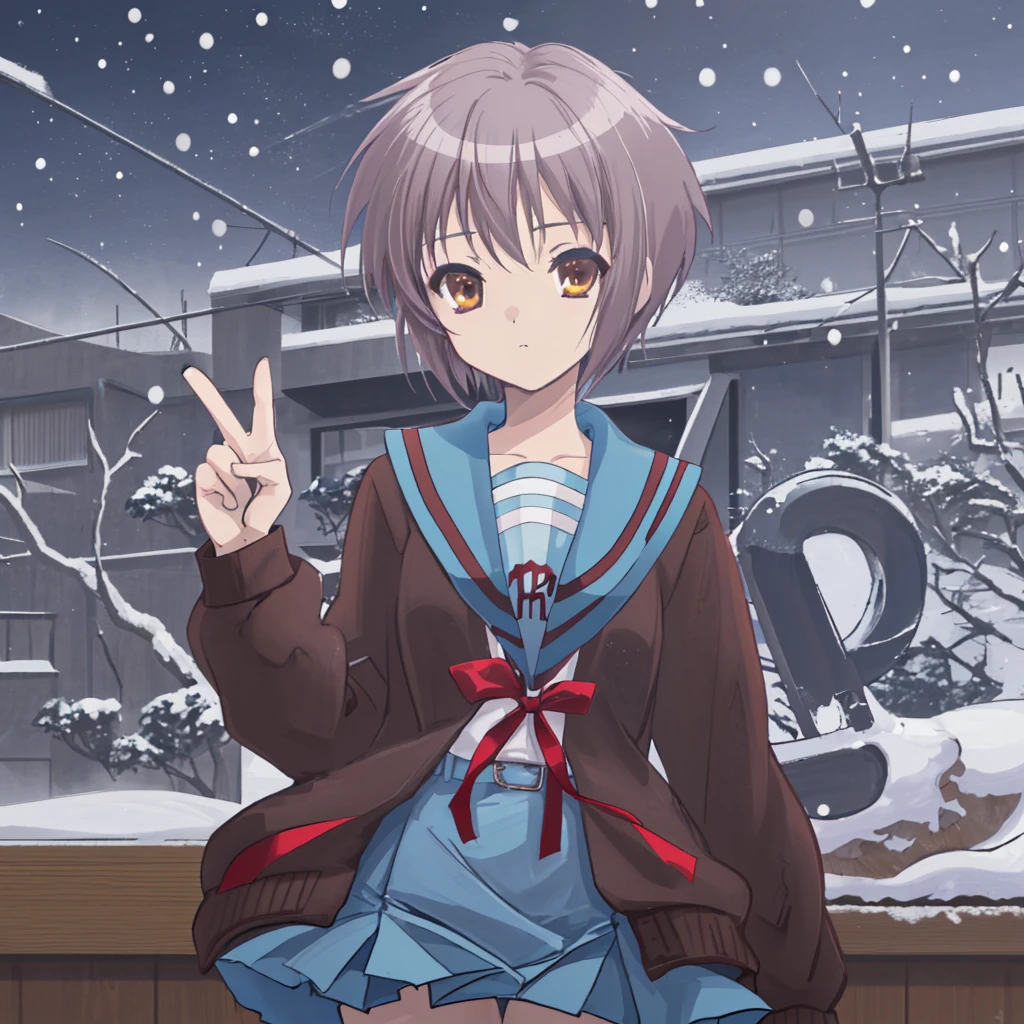 nagato, nagato yuki,school uniform, kita high school uniform, ny1, school uniform, blue sailor collar, serafuku, blue skirt, long sleeves, brown cardigan, open cardigan, solo, mullet hairstyle, have nothing,snow, raise your hand