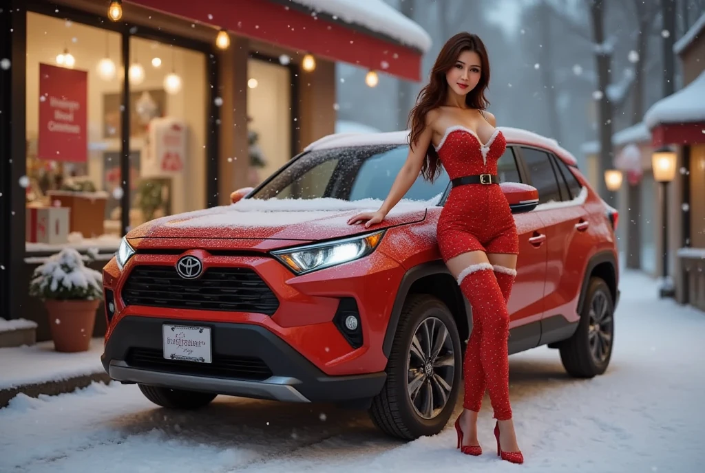 Lisamy with a Toyota Hybrid, perfect body, Santa Clause clothes, product ads, ice rain